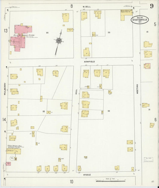 Sanborn Fire Insurance Map from Statesville, Iredell County, North Carolina (1911), Sheet #0009 - Historic Sanborn Fire Insurance Map Print, vintage old map wall art, antique decor, genealogy gift, North Carolina North Carolina map