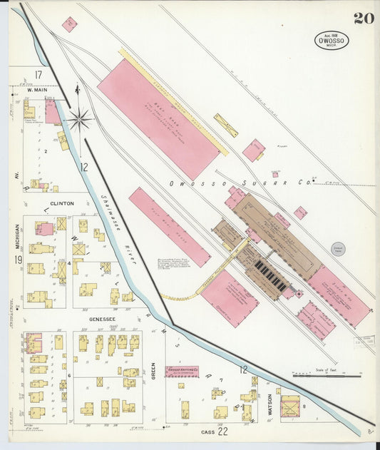 Sanborn Fire Insurance Map from Owosso, Shiawassee County, Michigan (1908), Sheet #0020 - Historic Sanborn Fire Insurance Map Print, vintage old map wall art, antique decor, genealogy gift, Michigan Michigan map