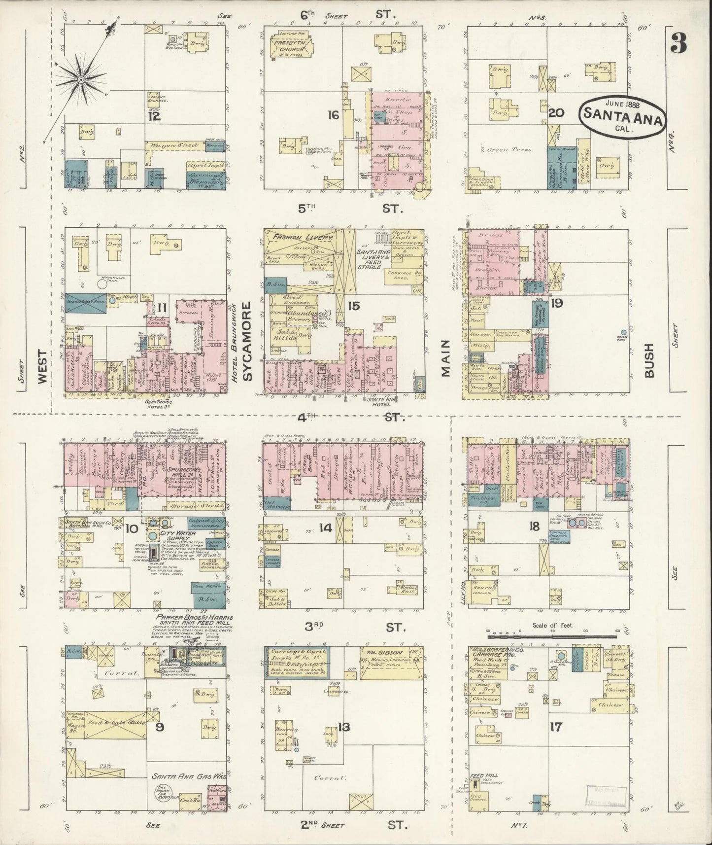 Sanborn Fire Insurance Map from Santa Ana, Orange County, California (1888), Sheet #0003 - Complete Map Set gallery image, historic Sanborn map, vintage wall art, California California
