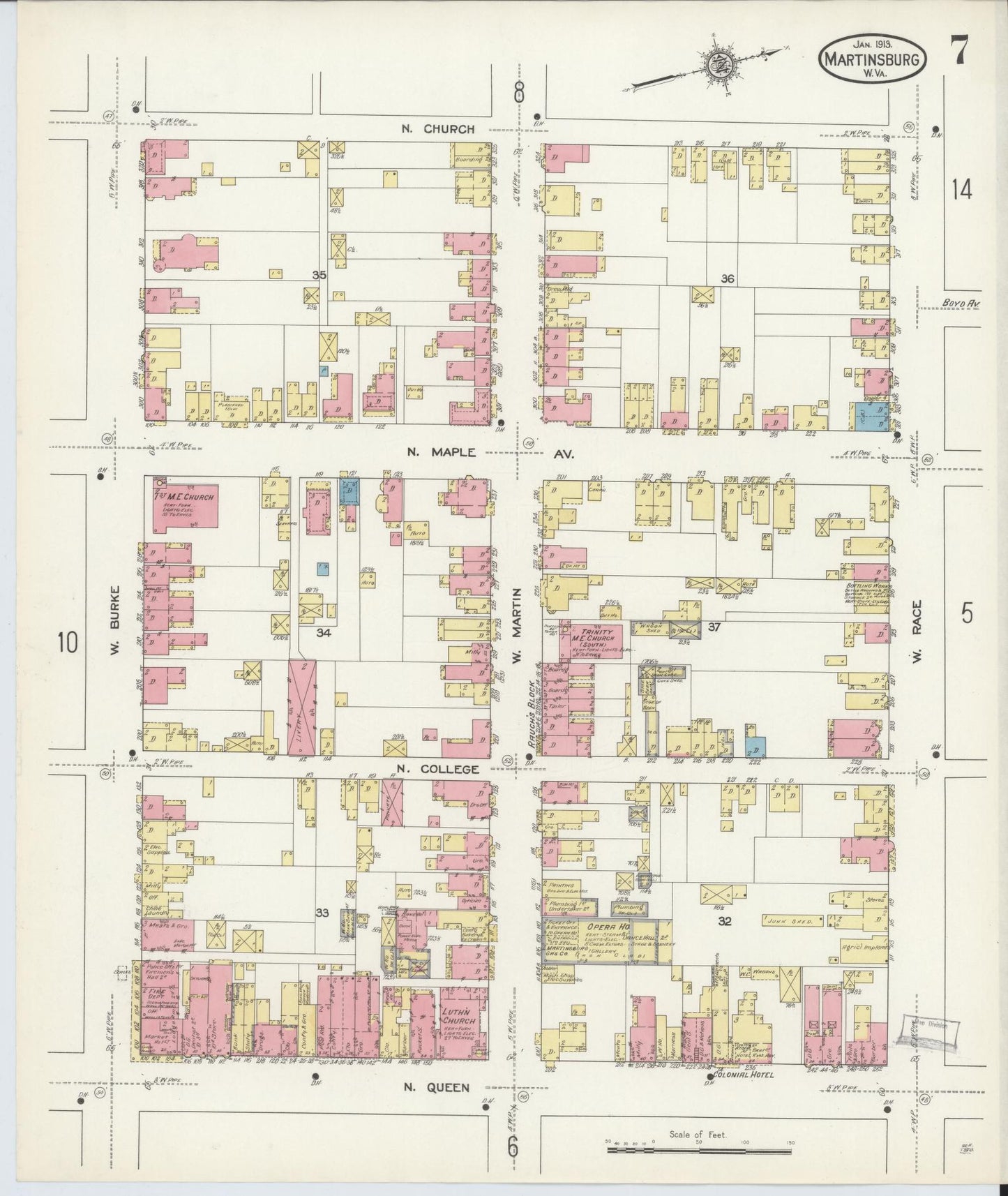 Sanborn Fire Insurance Map from Martinsburg, Berkeley County, West Virginia (1913), Sheet #0007 - Historic Sanborn Fire Insurance Map Print, vintage old map wall art, antique decor, genealogy gift, West Virginia West Virginia map
