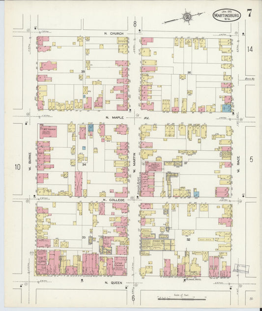 Sanborn Fire Insurance Map from Martinsburg, Berkeley County, West Virginia (1913), Sheet #0007 - Historic Sanborn Fire Insurance Map Print, vintage old map wall art, antique decor, genealogy gift, West Virginia West Virginia map