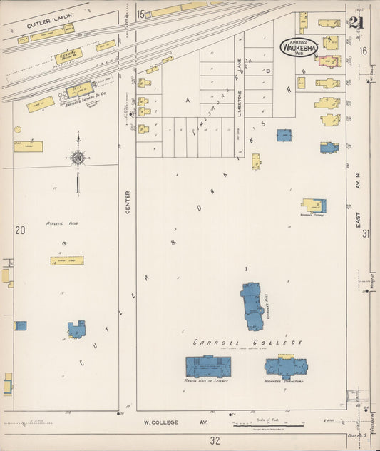 Sanborn Fire Insurance Map from Waukesha, Waukesha County, Wisconsin (1922), Sheet #0021 - Historic Sanborn Fire Insurance Map Print, vintage old map wall art, antique decor, genealogy gift, Wisconsin Wisconsin map