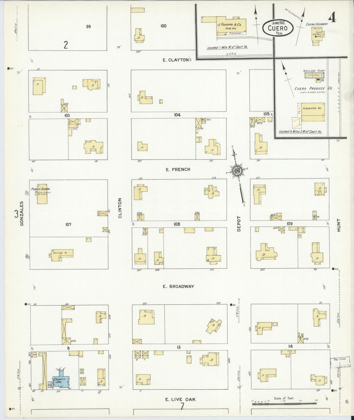 Sanborn Fire Insurance Map from Cuero, De Witt County, Texas (1912), Sheet #0004 - Complete Map Set gallery image, historic Sanborn map, vintage wall art, Texas Texas