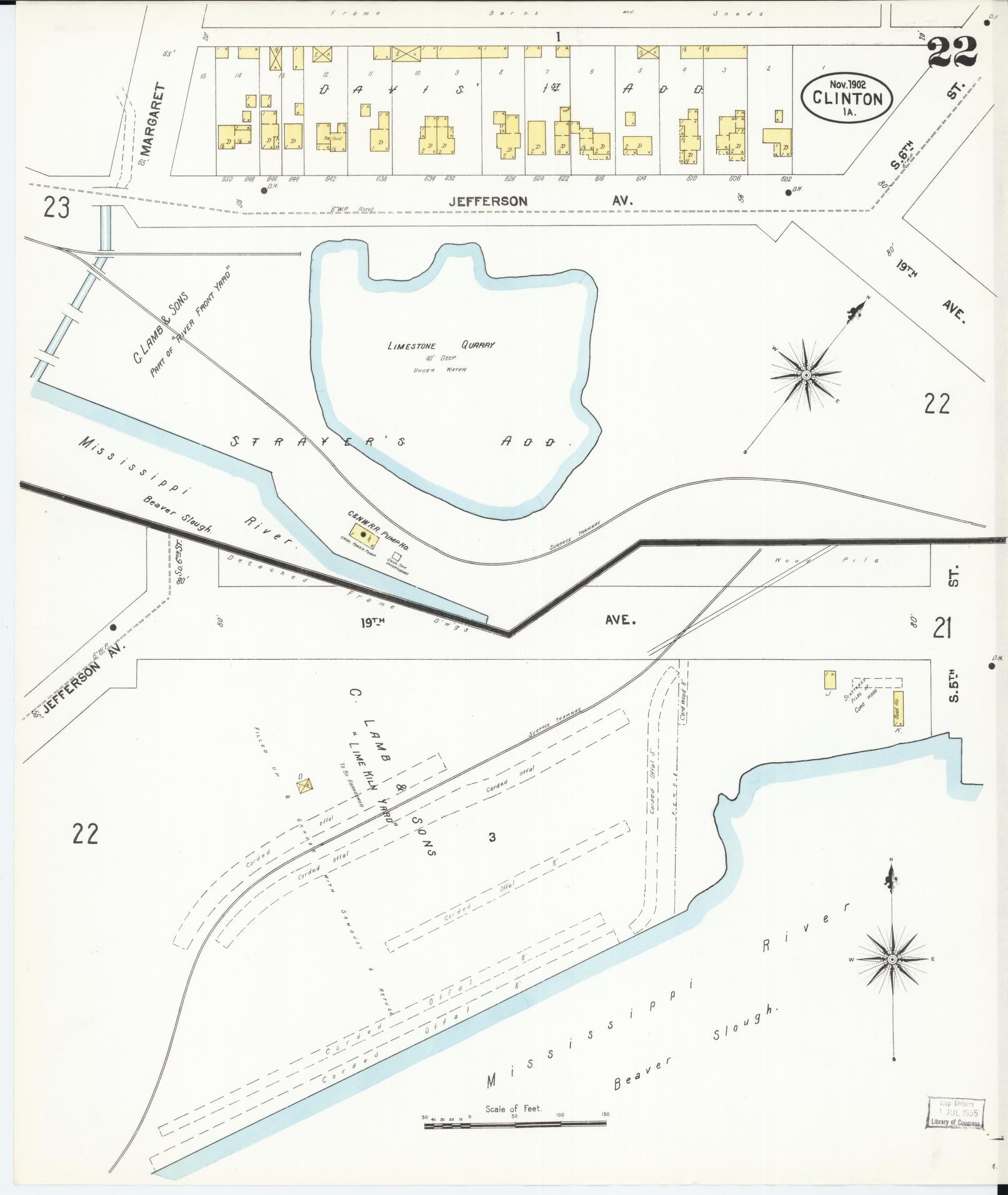 Sanborn Fire Insurance Map from Clinton, Clinton County, Iowa (1902), Sheet #0022 - Historic Sanborn Fire Insurance Map Print, vintage old map wall art
