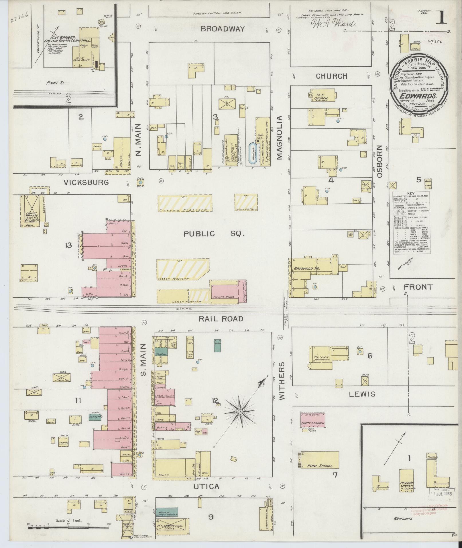 Sanborn Fire Insurance Map from Edwards, Hinds County, Mississippi (1893), Sheet #0001 - Historic Sanborn Fire Insurance Map Print, vintage old map wall art, antique decor, genealogy gift, Mississippi Mississippi map
