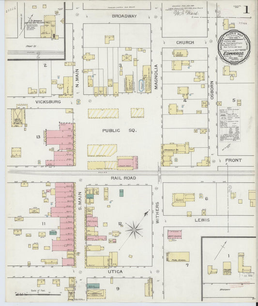 Sanborn Fire Insurance Map from Edwards, Hinds County, Mississippi (1893), Sheet #0001 - Historic Sanborn Fire Insurance Map Print, vintage old map wall art, antique decor, genealogy gift, Mississippi Mississippi map
