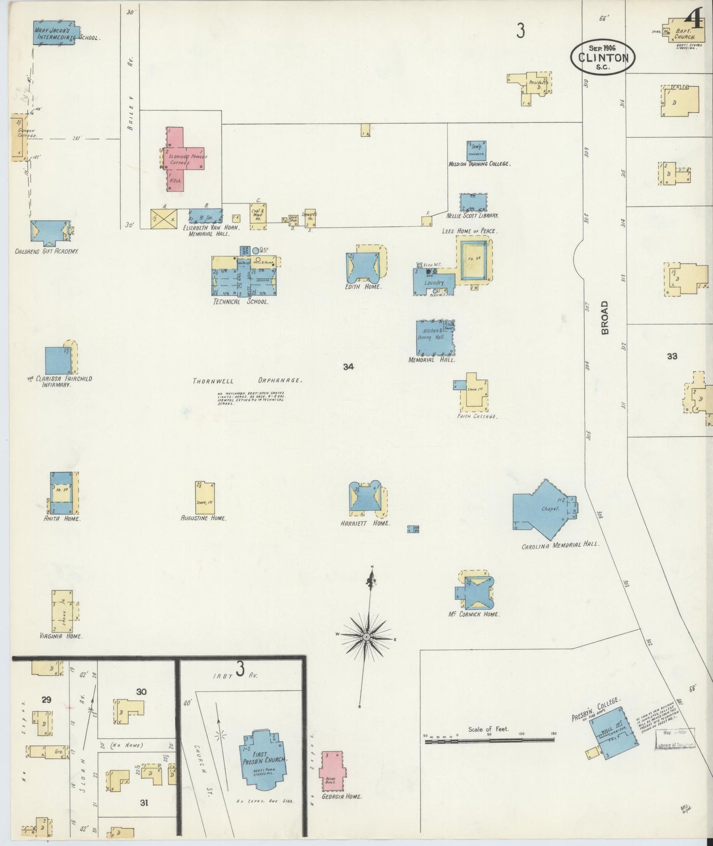 Sanborn Fire Insurance Map from Clinton, Laurens County, South Carolina (1906), Sheet #0004 - Historic Sanborn Fire Insurance Map Print, vintage old map wall art, antique decor, genealogy gift, South Carolina South Carolina map