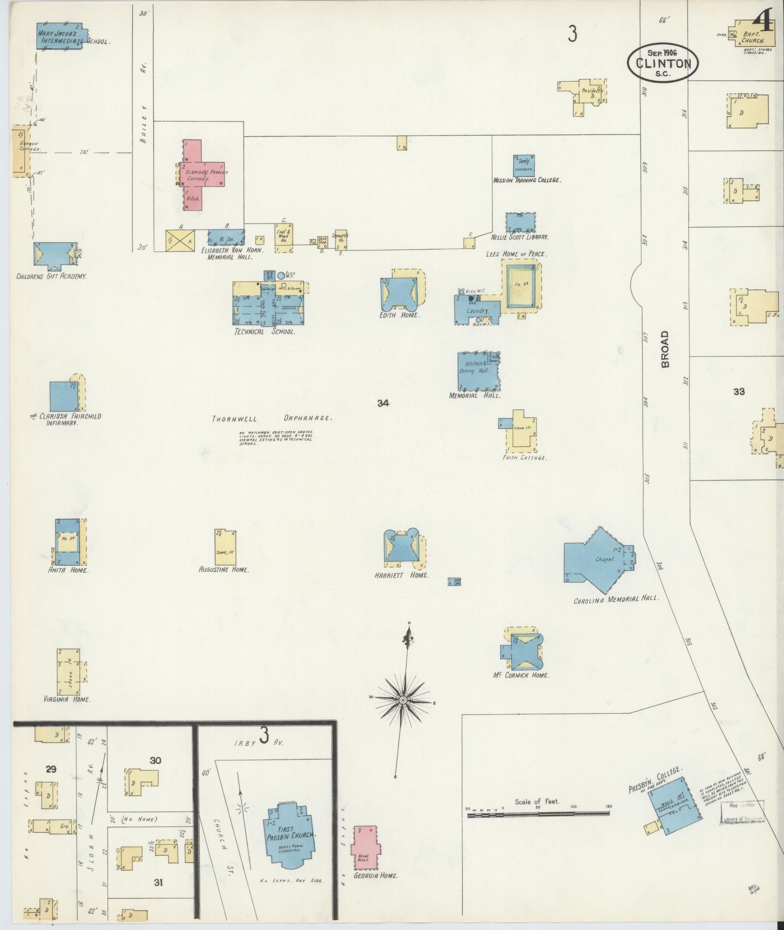 Sanborn Fire Insurance Map from Clinton, Laurens County, South Carolina (1906), Sheet #0004 - Historic Sanborn Fire Insurance Map Print, vintage old map wall art, antique decor, genealogy gift, South Carolina South Carolina map