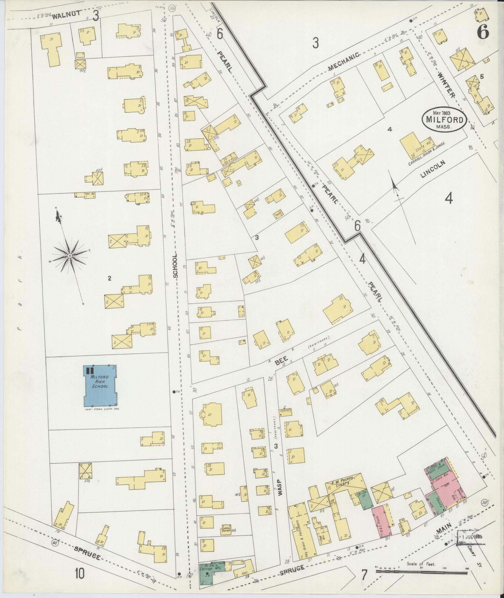 Sanborn Fire Insurance Map from Milford, Worcester County, Massachusetts (1903), Sheet #0006 - Historic Sanborn Fire Insurance Map Print, vintage old map wall art, antique decor, genealogy gift, Massachusetts Massachusetts map