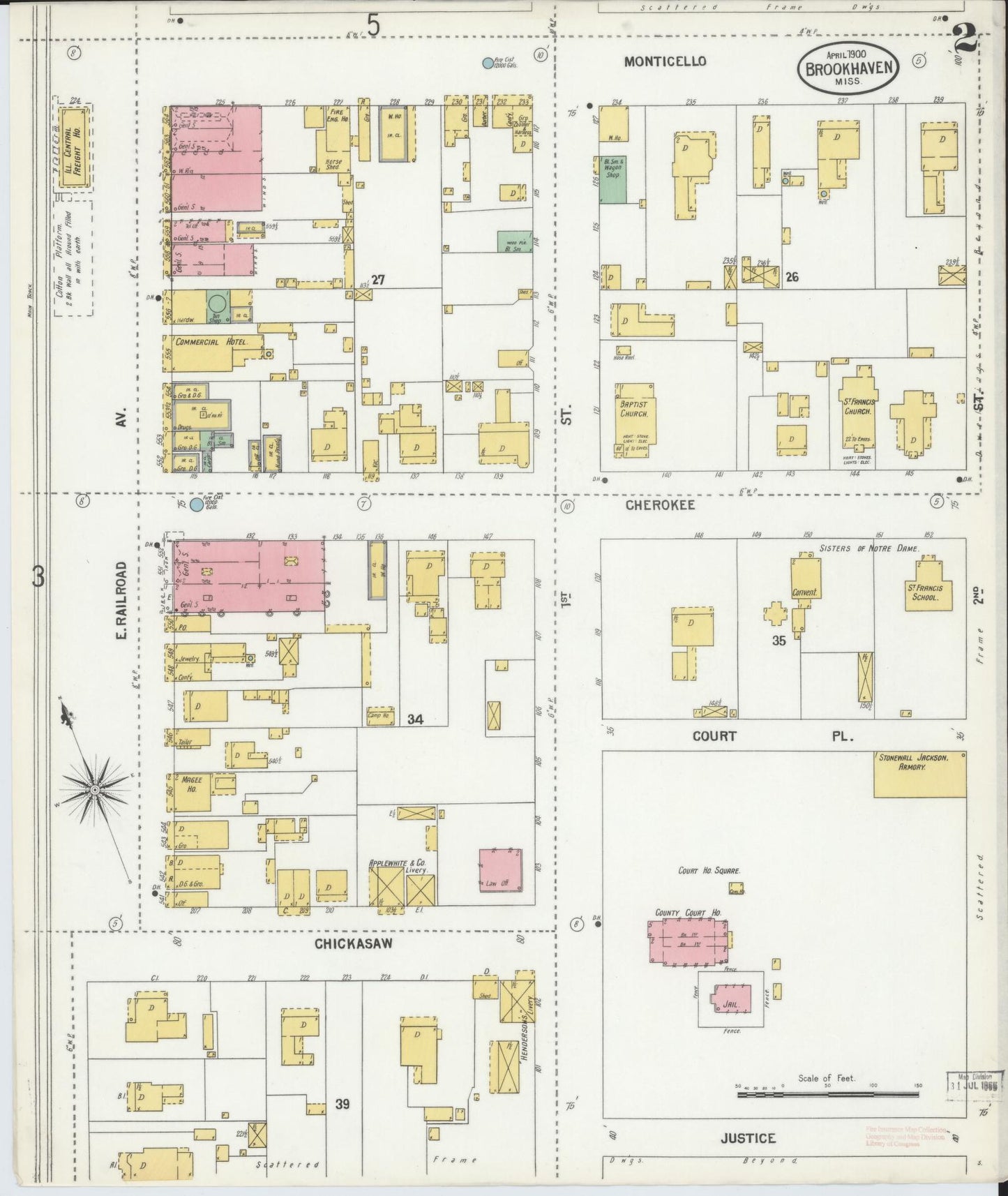 Sanborn Fire Insurance Map from Brookhaven, Lincoln County, Mississippi (1900), Sheet #0002 - Historic Sanborn Fire Insurance Map Print, vintage old map wall art, antique decor, genealogy gift, Mississippi Mississippi map