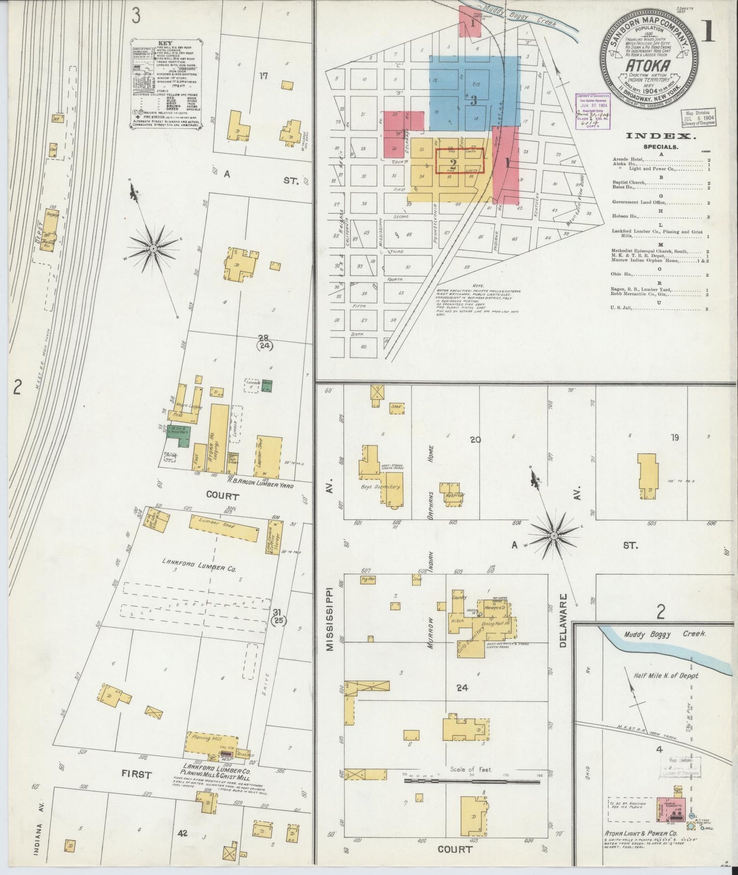Sanborn Fire Insurance Map from Atoka, Atoka County, Oklahoma (1904), Sheet #0001 - Complete Map Set gallery image, historic Sanborn map, vintage wall art, Oklahoma Oklahoma