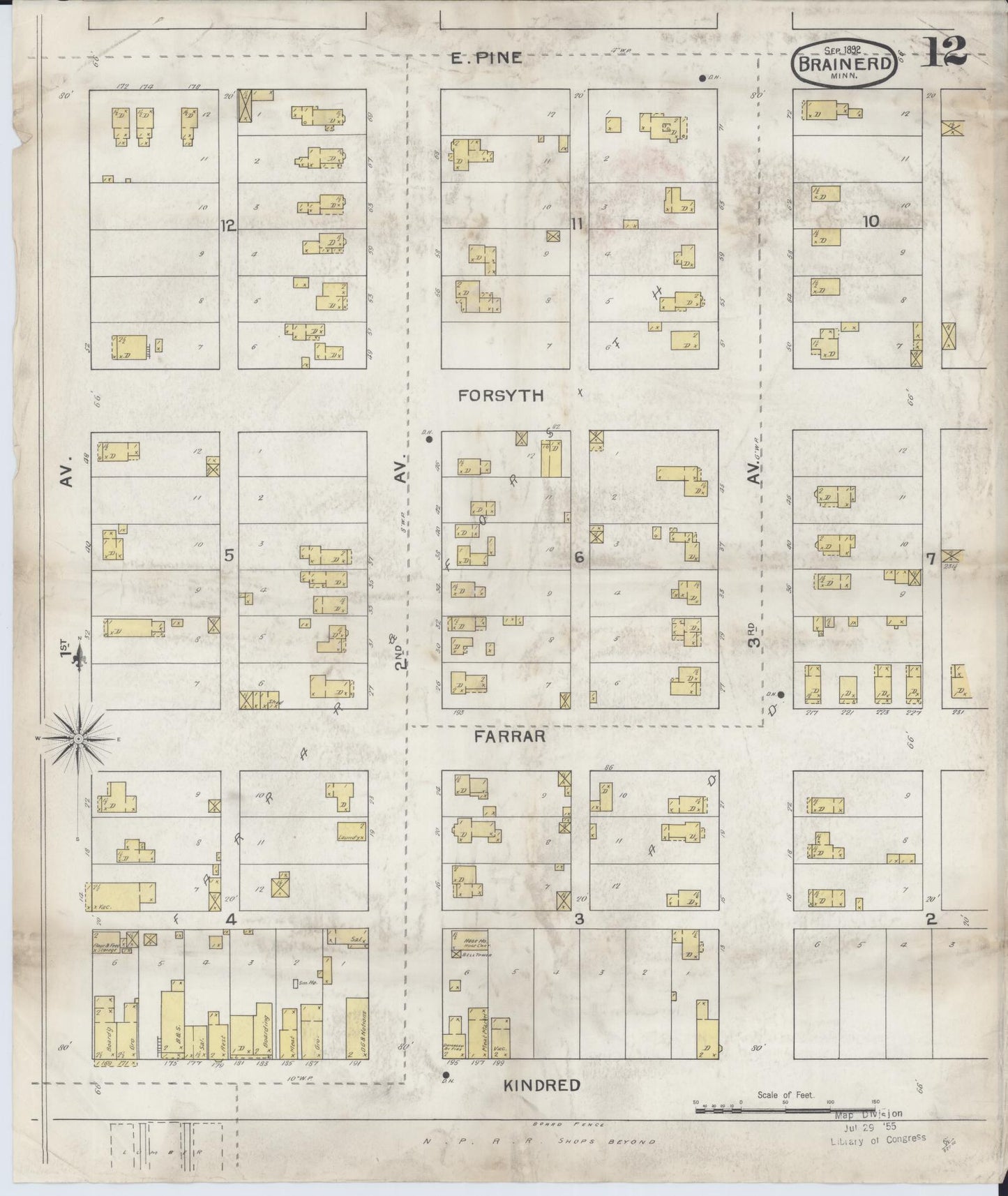 Sanborn Fire Insurance Map from Brainerd, Crow Wing County, Minnesota (1892), Sheet #0012 - Complete Map Set gallery image, historic Sanborn map, vintage wall art, Minnesota Minnesota