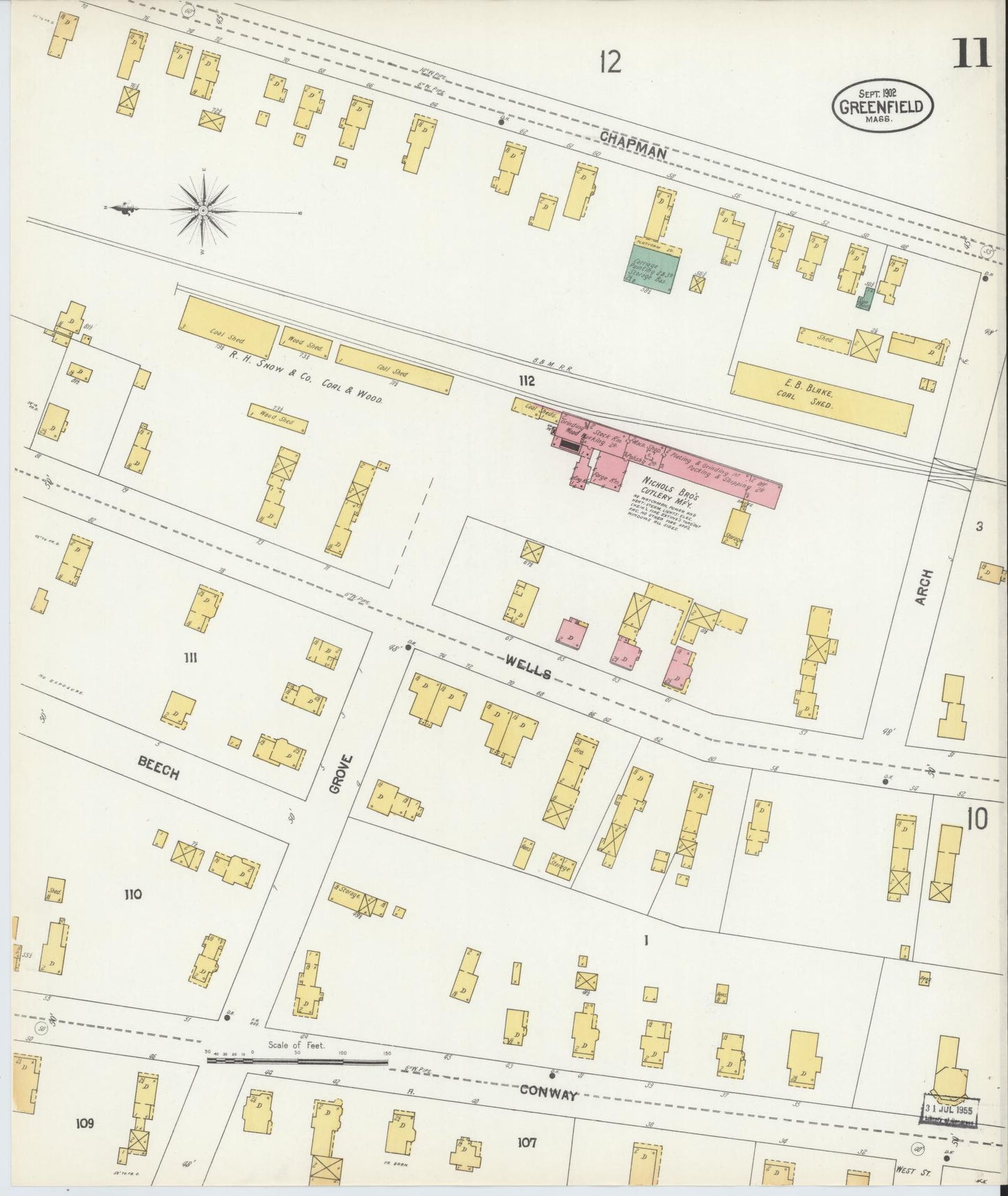 Sanborn Fire Insurance Map from Greenfield, Franklin County, Massachusetts (1902), Sheet #0011 - Historic Sanborn Fire Insurance Map Print, vintage old map wall art, antique decor, genealogy gift, Massachusetts Massachusetts map