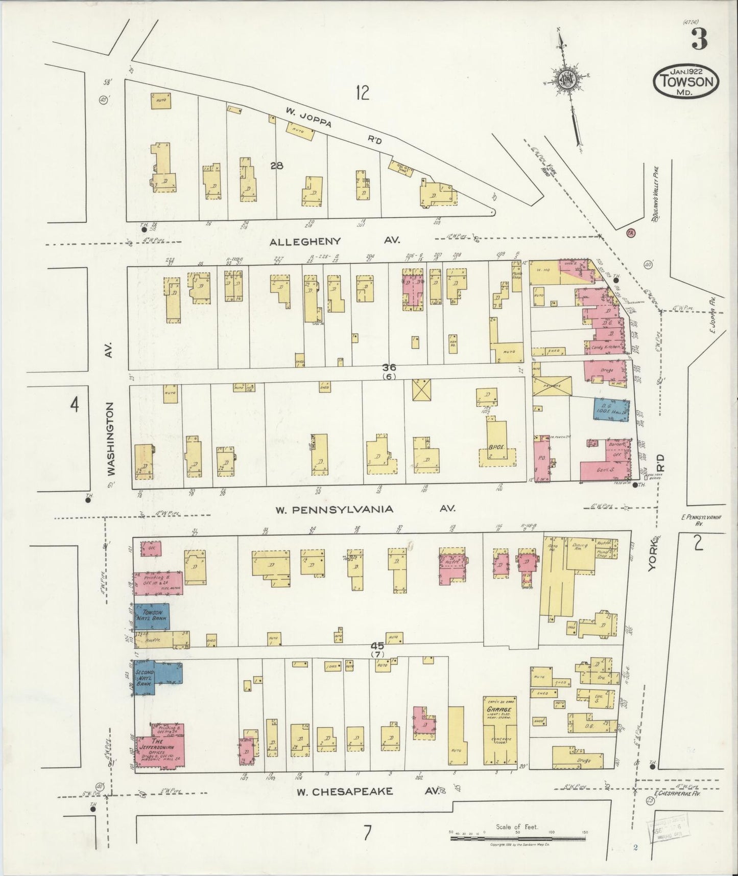 Sanborn Fire Insurance Map from Towson, Baltimore County, Maryland (1922), Sheet #0003 - Historic Sanborn Fire Insurance Map Print, vintage old map wall art
