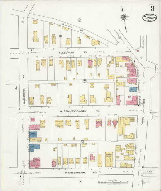 Sanborn Fire Insurance Map from Towson, Baltimore County, Maryland (1922), Sheet #0003 - Historic Sanborn Fire Insurance Map Print, vintage old map wall art