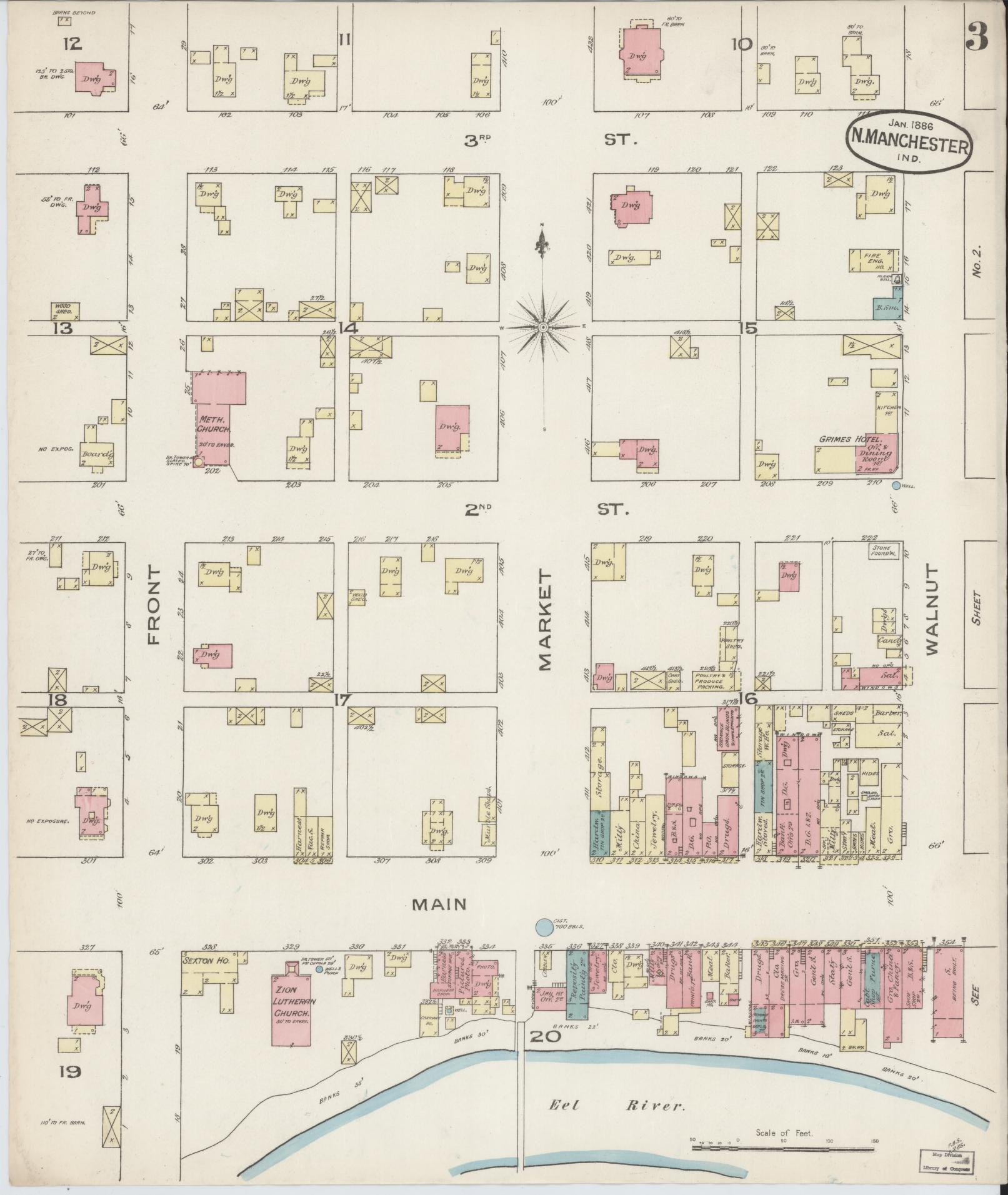 Sanborn Fire Insurance Map from North Manchester, Wabash County, Indiana (1886), Sheet #0003 - Complete Map Set gallery image, historic Sanborn map, vintage wall art, Indiana Indiana
