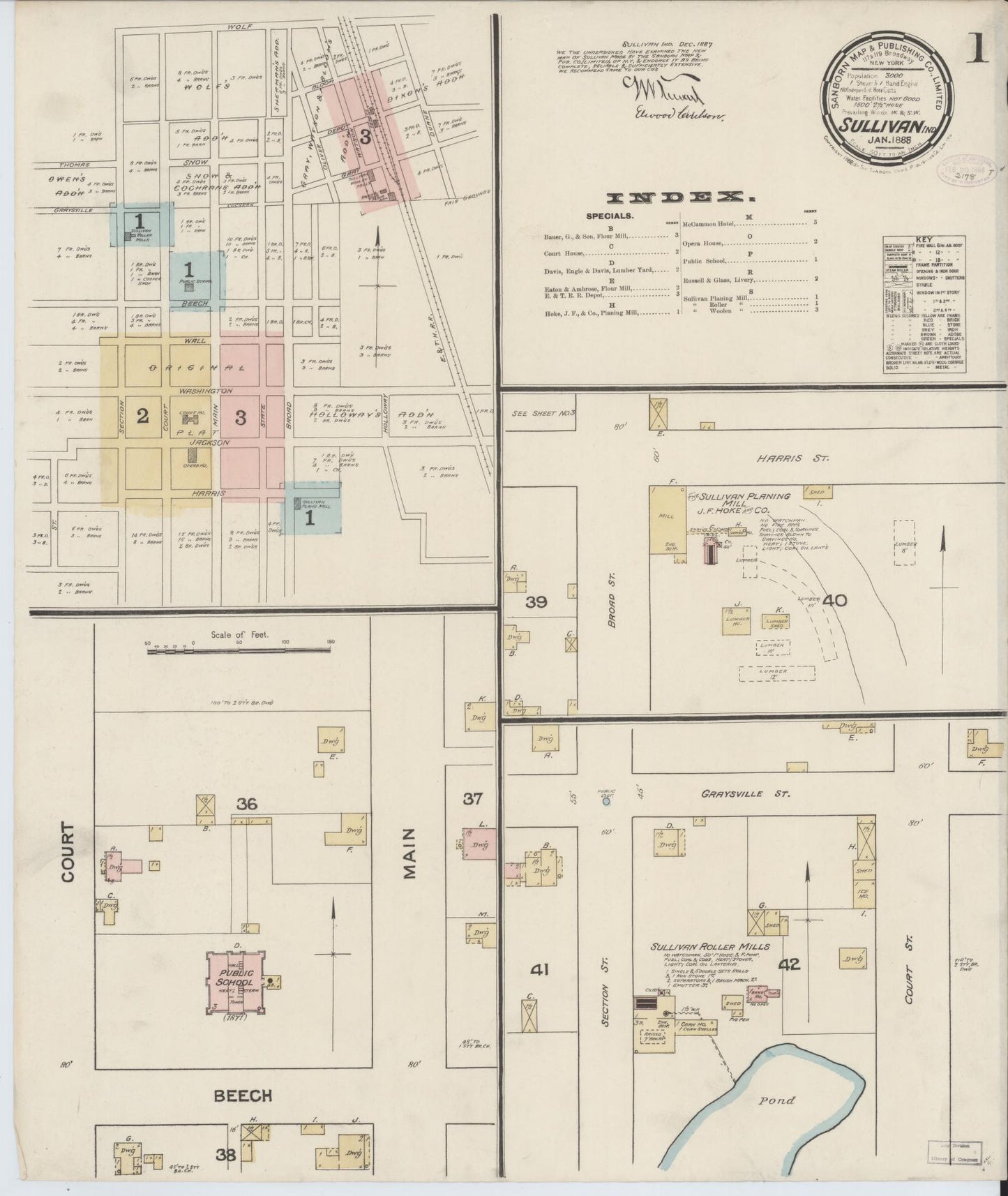 Sanborn Fire Insurance Map from Sullivan, Sullivan County, Indiana (1888), Sheet #0001 - Historic Sanborn Fire Insurance Map Print, vintage old map wall art, antique decor, genealogy gift, Indiana Indiana map