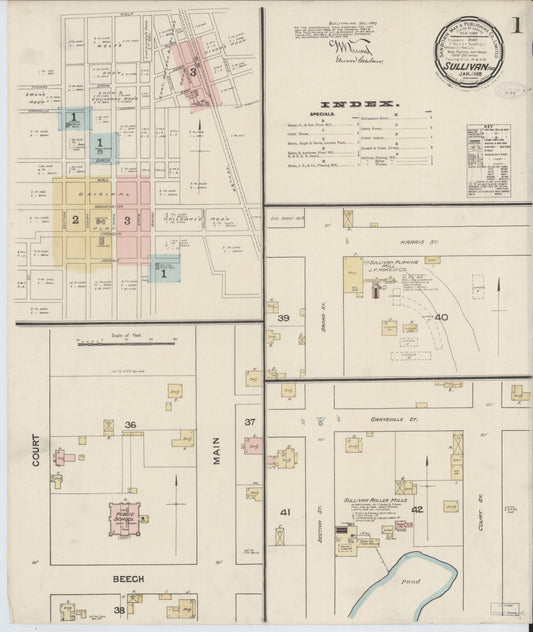 Sanborn Fire Insurance Map from Sullivan, Sullivan County, Indiana (1888), Sheet #0001 - Historic Sanborn Fire Insurance Map Print, vintage old map wall art, antique decor, genealogy gift, Indiana Indiana map