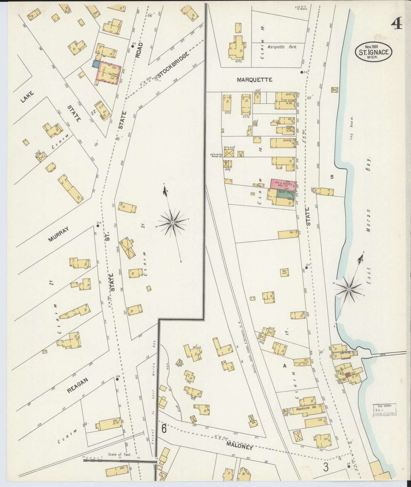Sanborn Fire Insurance Map from Saint Ignace, Mackinac County, Michigan (1901), Sheet #0004 - Historic Sanborn Fire Insurance Map Print, vintage old map wall art, antique decor, genealogy gift, Michigan Michigan map