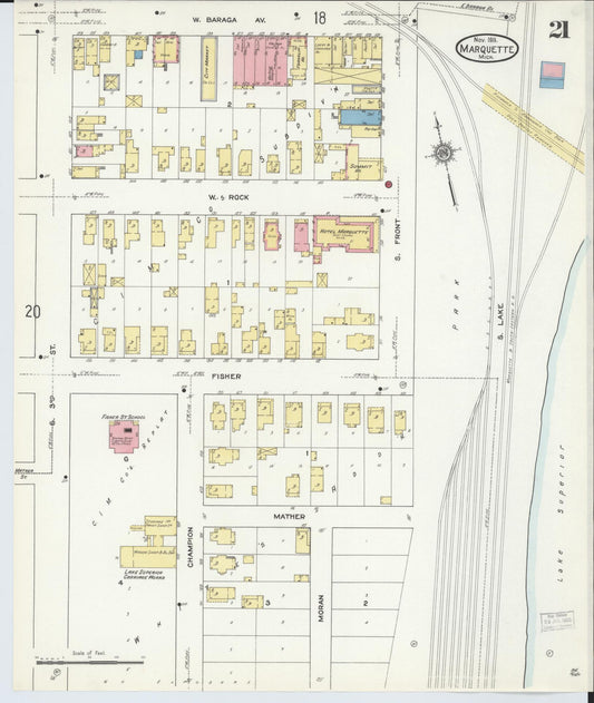 Sanborn Fire Insurance Map from Marquette, Marquette County, Michigan (1911), Sheet #0021 - Historic Sanborn Fire Insurance Map Print, vintage old map wall art, antique decor, genealogy gift, Michigan Michigan map