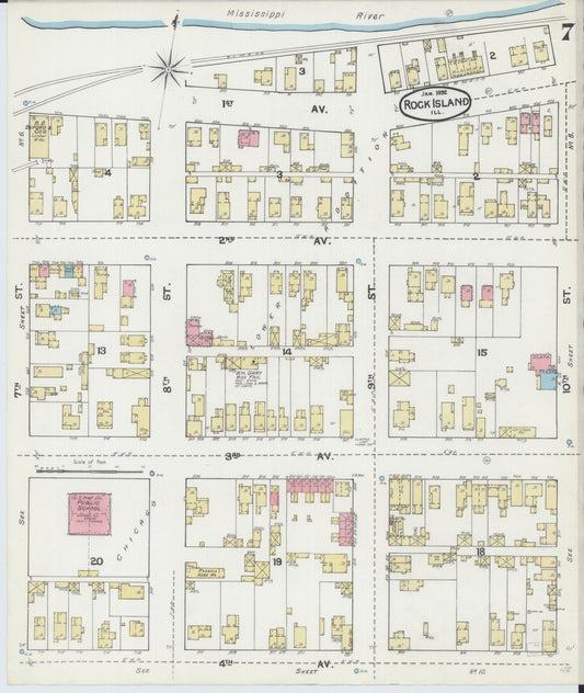 Sanborn Fire Insurance Map from Rock Island, Rock Island County, Illinois (1892), Sheet #0007 - Historic Sanborn Fire Insurance Map Print, vintage old map wall art, antique decor, genealogy gift, Illinois Illinois map