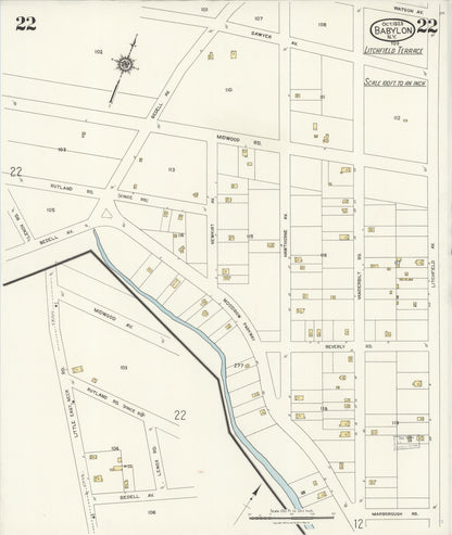 Sanborn Fire Insurance Map from Babylon, Suffolk County, New York (1923), Sheet #0022 - Historic Sanborn Fire Insurance Map Print, vintage old map wall art, antique decor, genealogy gift, New York New York map