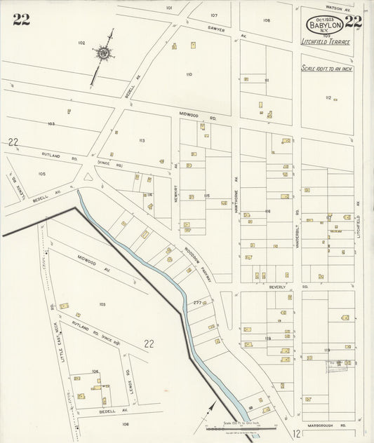 Sanborn Fire Insurance Map from Babylon, Suffolk County, New York (1923), Sheet #0022 - Historic Sanborn Fire Insurance Map Print, vintage old map wall art, antique decor, genealogy gift, New York New York map