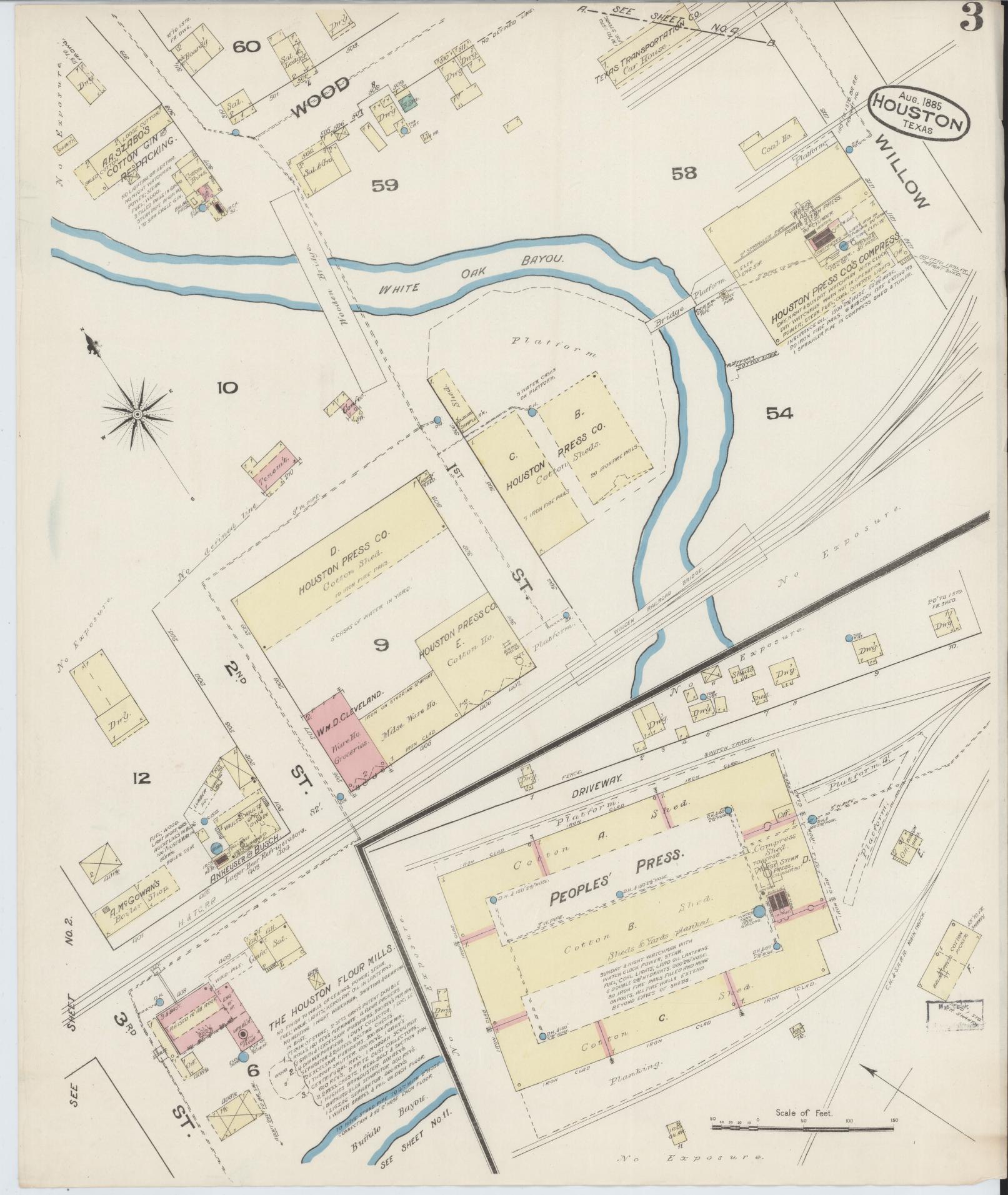Sanborn Fire Insurance Map from Houston, Harris County, Texas (1885), Sheet #0003 - Historic Sanborn Fire Insurance Map Print, vintage old map wall art, antique decor, genealogy gift, Texas Texas map