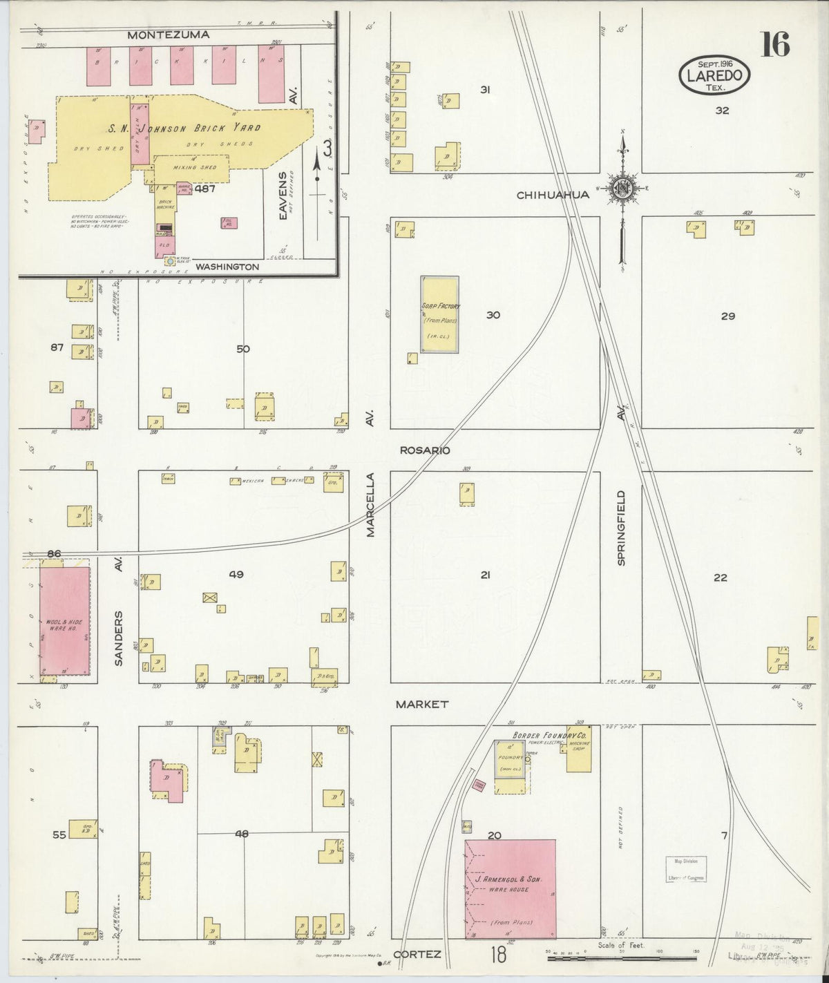 Sanborn Fire Insurance Map from Laredo, Webb County, Texas (1916), Sheet #0016 - Complete Map Set gallery image, historic Sanborn map, vintage wall art, Texas Texas