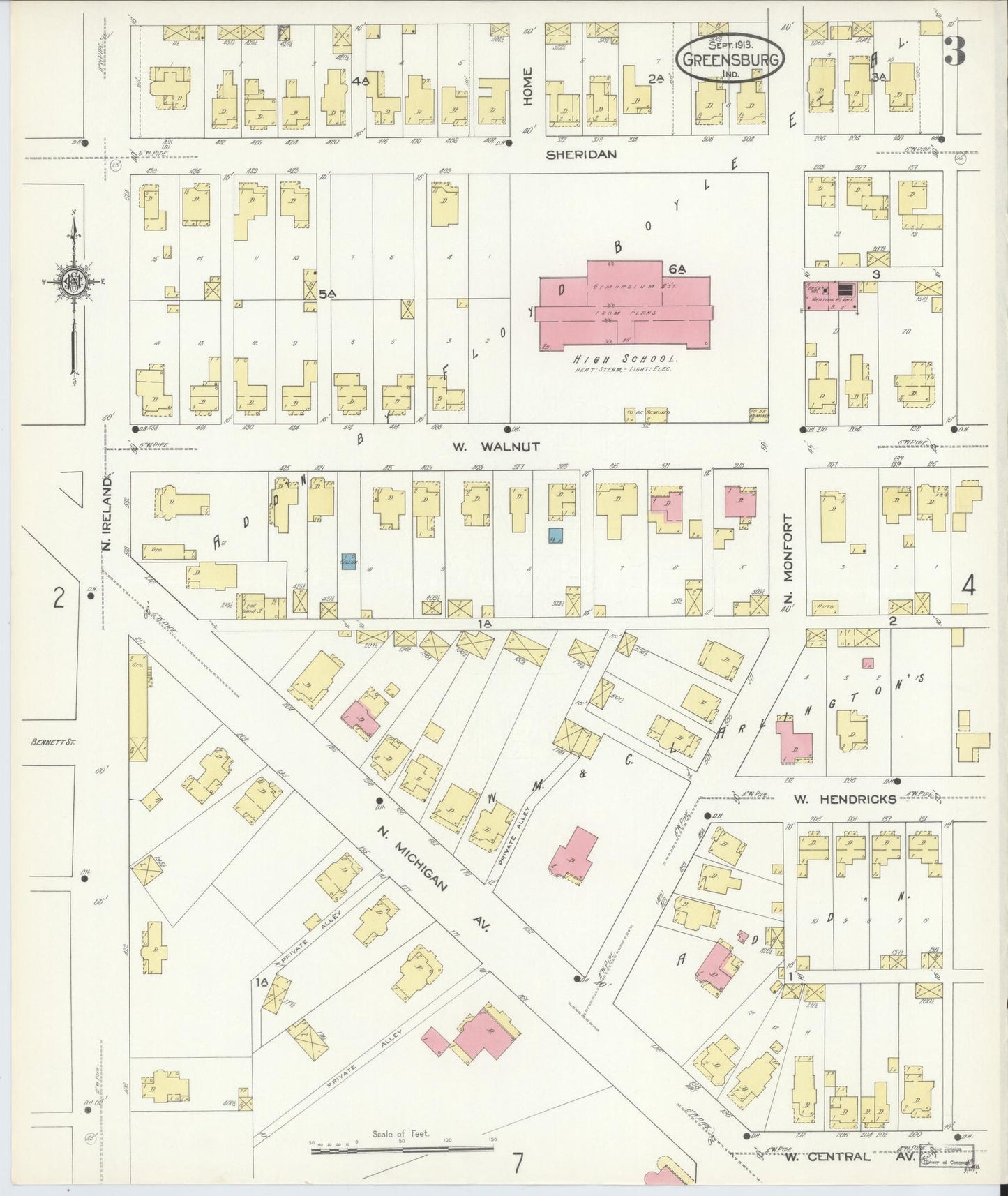 Sanborn Fire Insurance Map from Greensburg, Decatur County, Indiana (1913), Sheet #0003 - Complete Map Set gallery image, historic Sanborn map, vintage wall art, Indiana Indiana