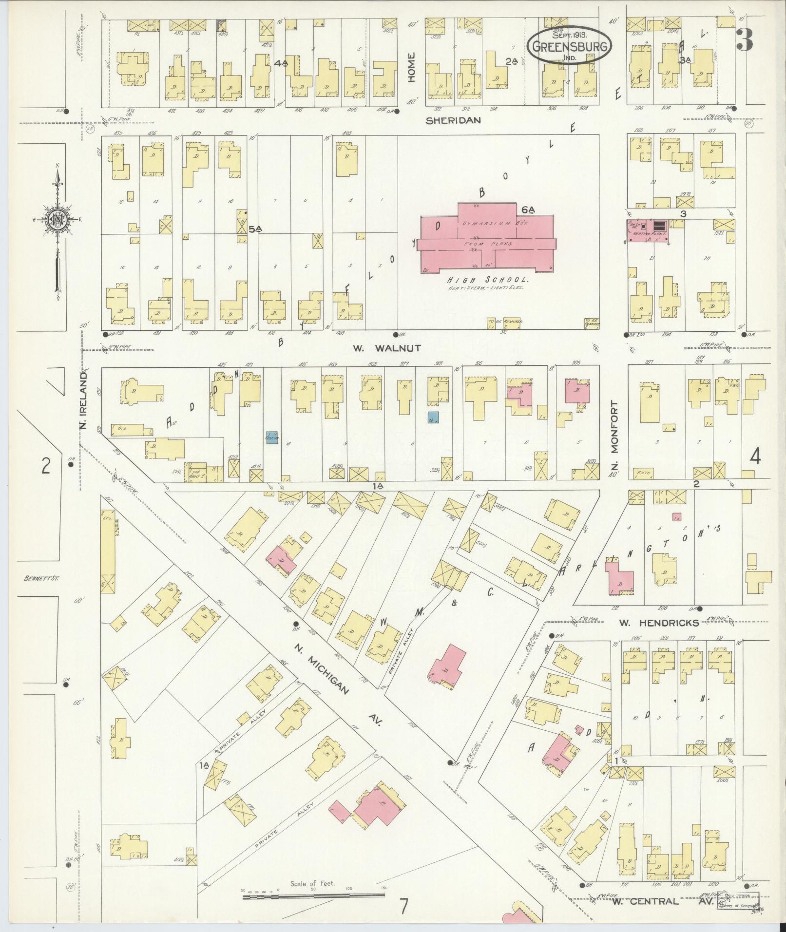 Sanborn Fire Insurance Map from Greensburg, Decatur County, Indiana (1913), Sheet #0003 - Complete Map Set gallery image, historic Sanborn map, vintage wall art, Indiana Indiana