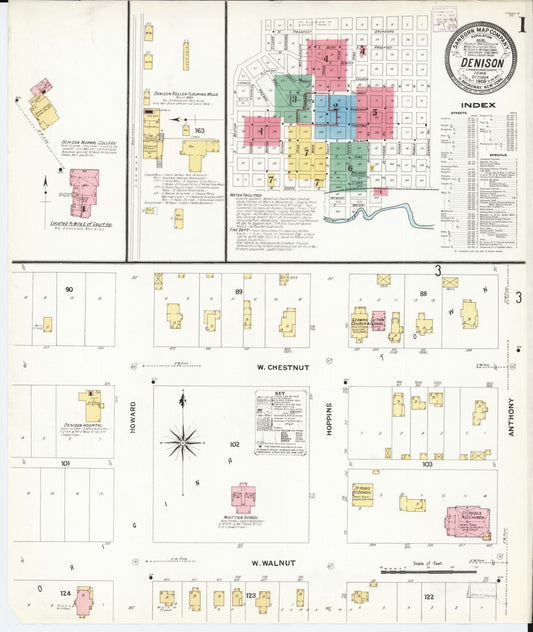 Sanborn Fire Insurance Map from Denison, Crawford County, Iowa (1908), Sheet #0001 - Historic Sanborn Fire Insurance Map Print, vintage old map wall art