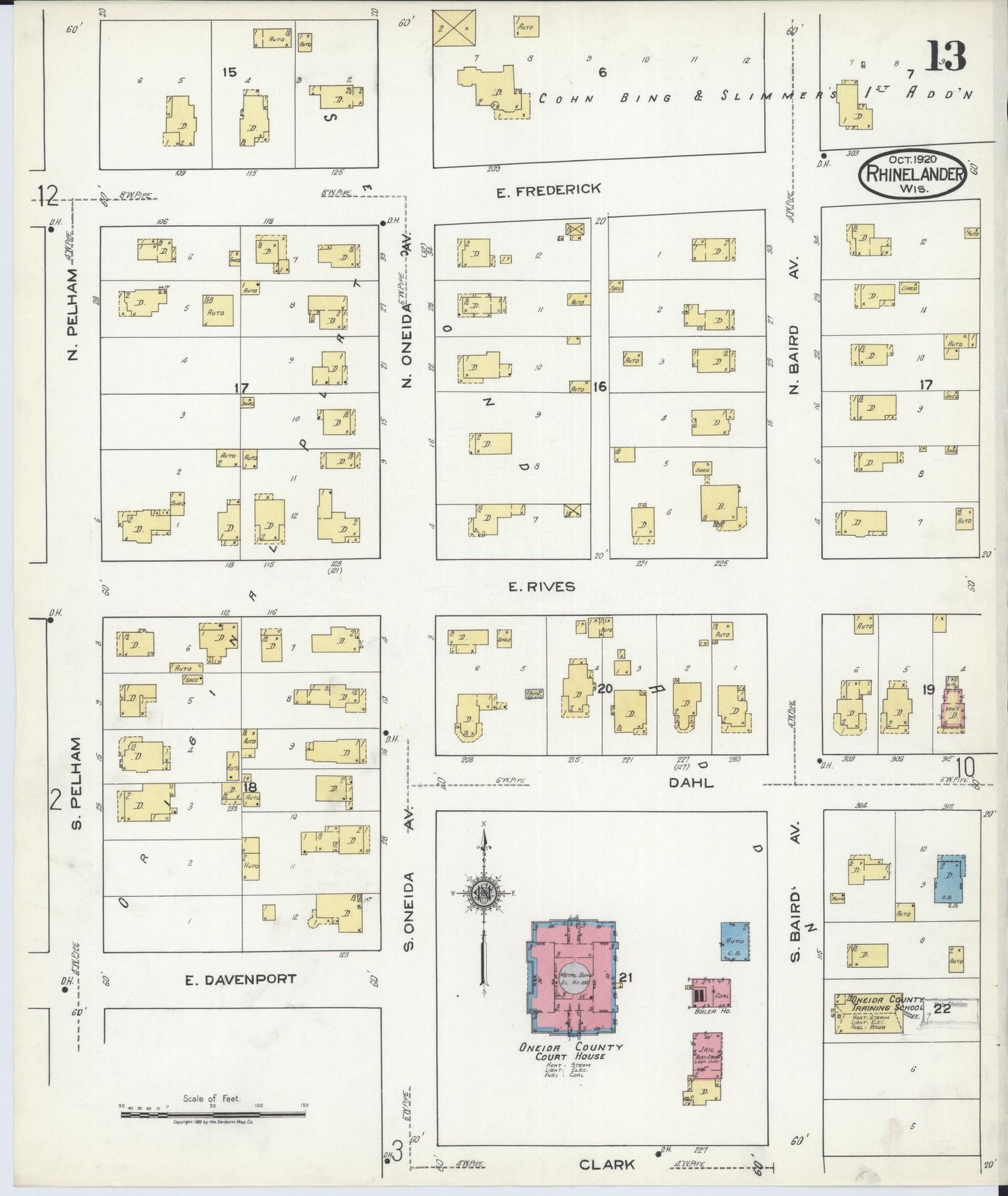 Sanborn Fire Insurance Map from Rhinelander, Oneida County, Wisconsin (1920), Sheet #0013 - Historic Sanborn Fire Insurance Map Print, vintage old map wall art, antique decor, genealogy gift, Wisconsin Wisconsin map