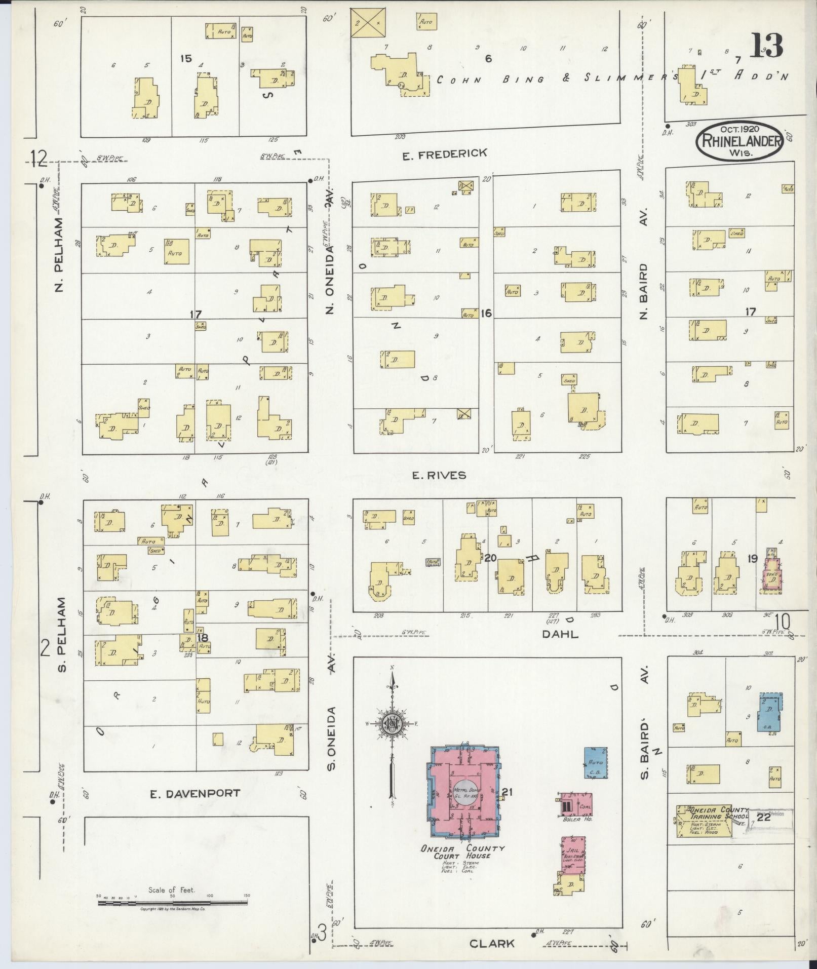 Sanborn Fire Insurance Map from Rhinelander, Oneida County, Wisconsin (1920), Sheet #0013 - Historic Sanborn Fire Insurance Map Print, vintage old map wall art, antique decor, genealogy gift, Wisconsin Wisconsin map