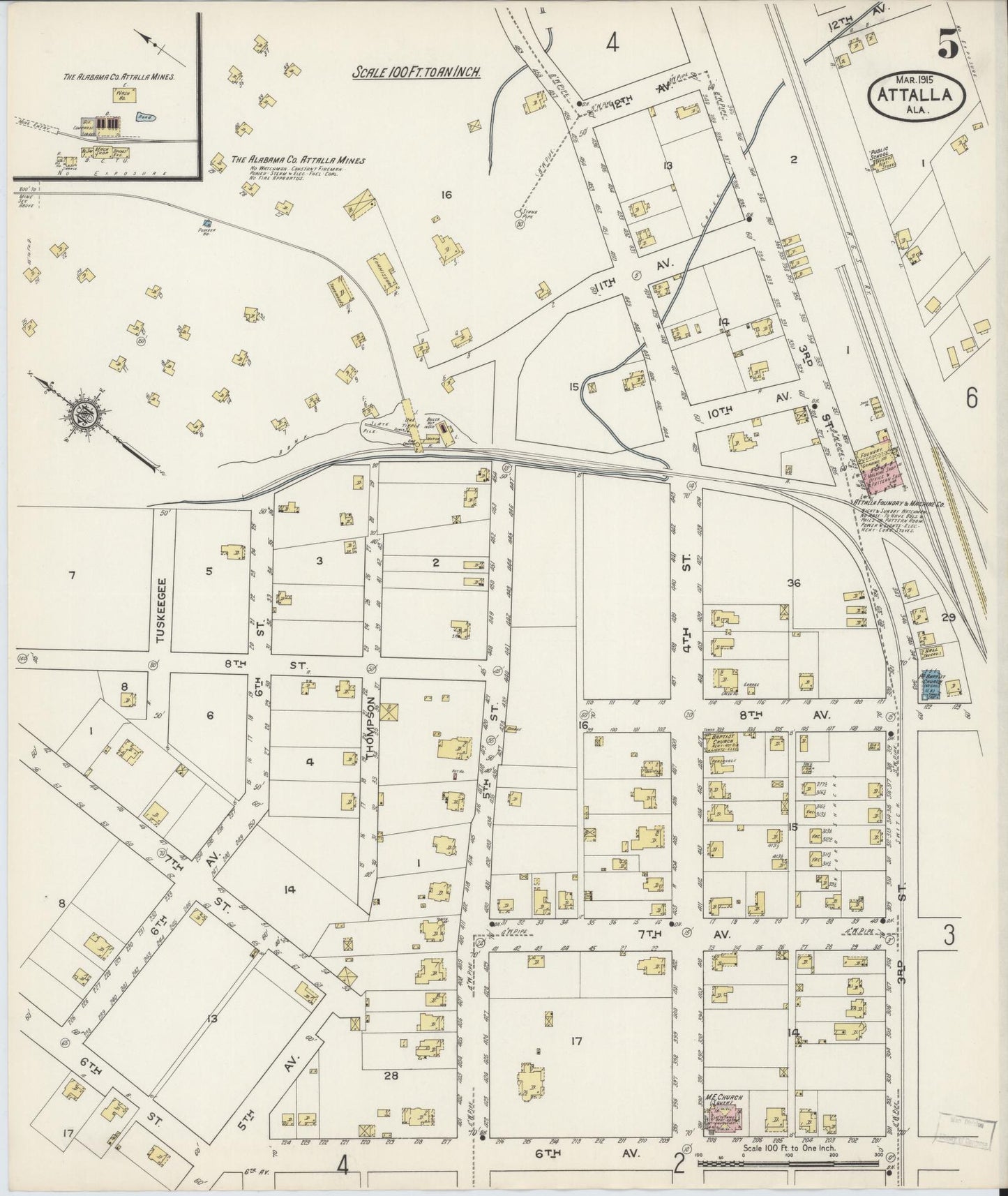 Sanborn Fire Insurance Map from Attalla, Etowah County, Alabama (1915), Sheet #0005 - Complete Map Set gallery image, historic Sanborn map, vintage wall art, Alabama Alabama