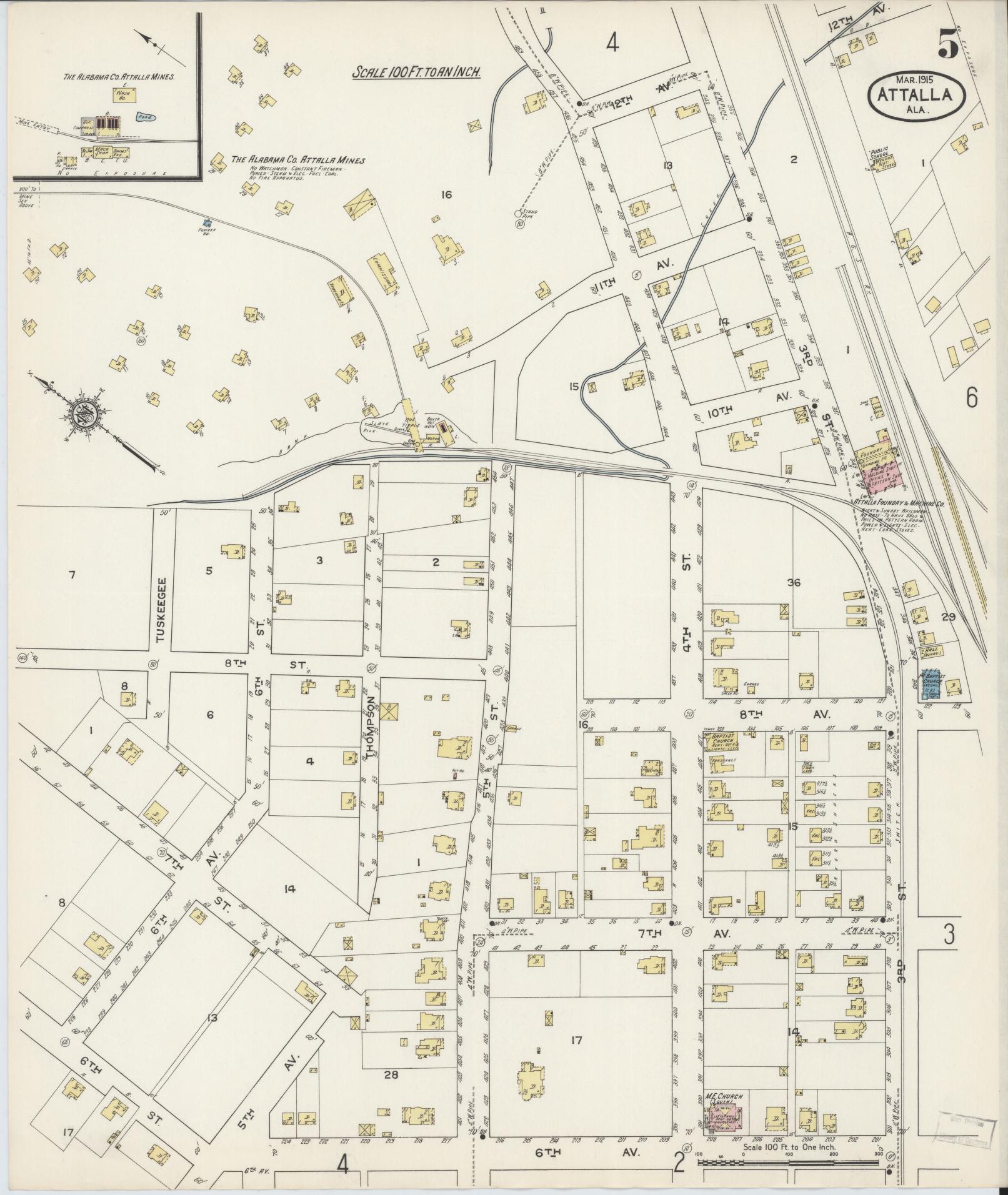 Sanborn Fire Insurance Map from Attalla, Etowah County, Alabama (1915), Sheet #0005 - Complete Map Set gallery image, historic Sanborn map, vintage wall art, Alabama Alabama