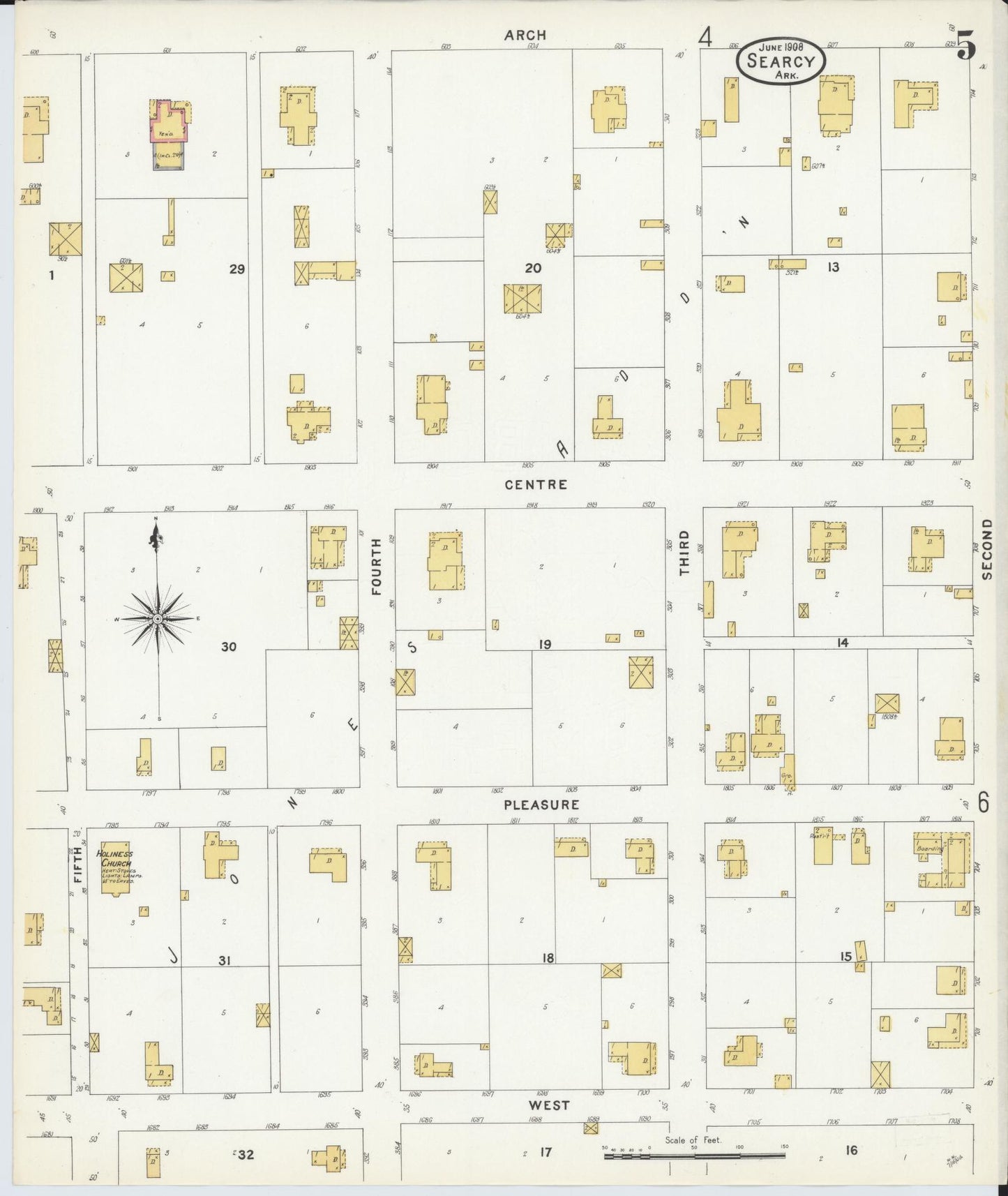 Sanborn Fire Insurance Map from Searcy, White County, Arkansas (1908), Sheet #0005 - Complete Map Set gallery image, historic Sanborn map, vintage wall art, Arkansas Arkansas