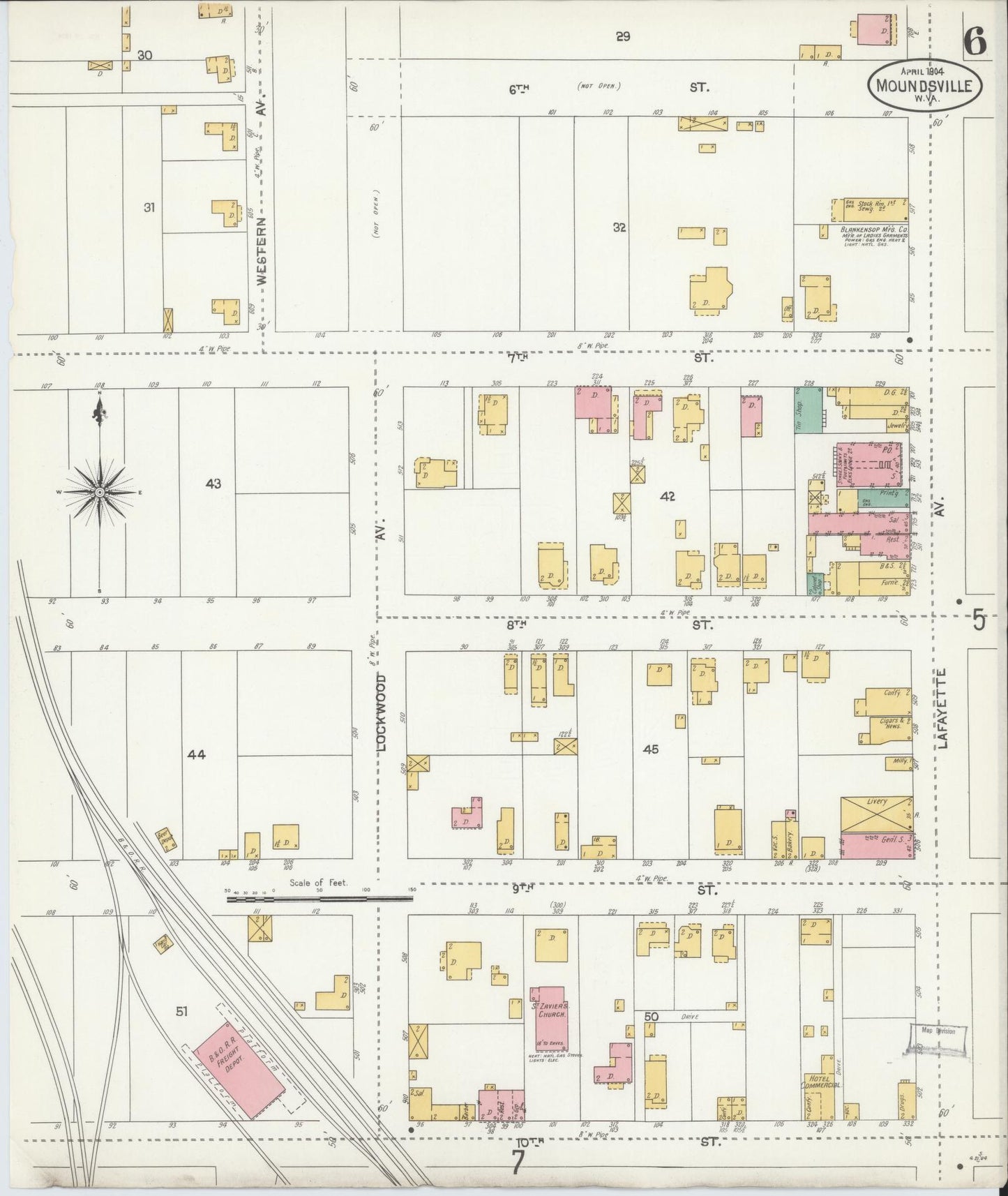 Sanborn Fire Insurance Map from Moundsville, Marshall County, West Virginia (1904), Sheet #0006 - Historic Sanborn Fire Insurance Map Print, vintage old map wall art, antique decor, genealogy gift, West Virginia West Virginia map