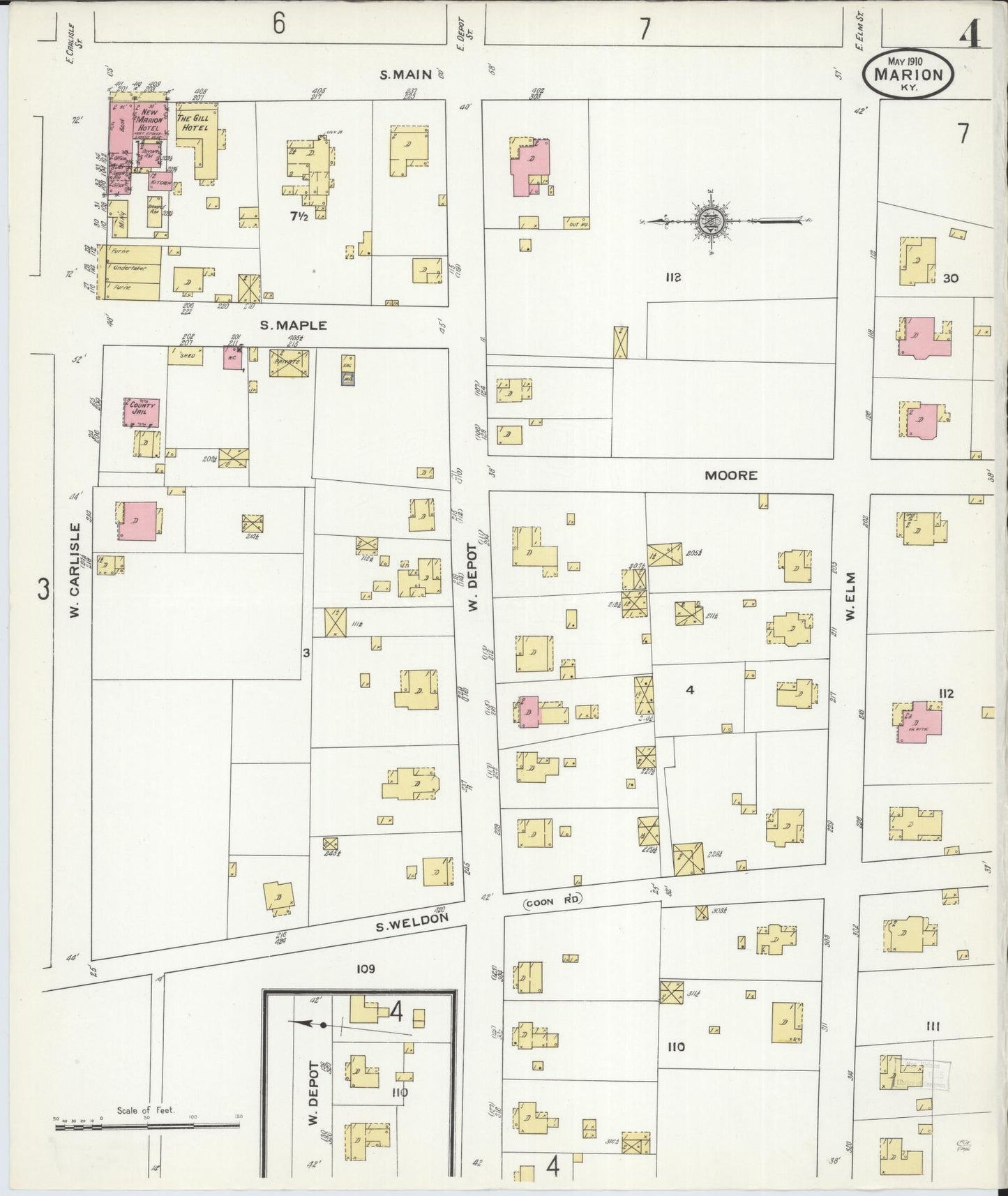 Sanborn Fire Insurance Map from Marion, Crittenden County, Kentucky (1910), Sheet #0004 - Historic Sanborn Fire Insurance Map Print, vintage old map wall art, antique decor, genealogy gift, Kentucky Kentucky map