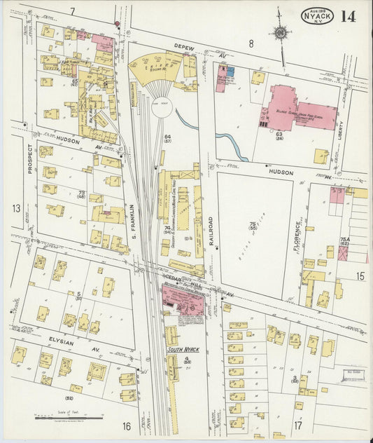 Sanborn Fire Insurance Map from Nyack, Rockland County, New York (1919), Sheet #0014 - Historic Sanborn Fire Insurance Map Print, vintage old map wall art, antique decor, genealogy gift, New York New York map