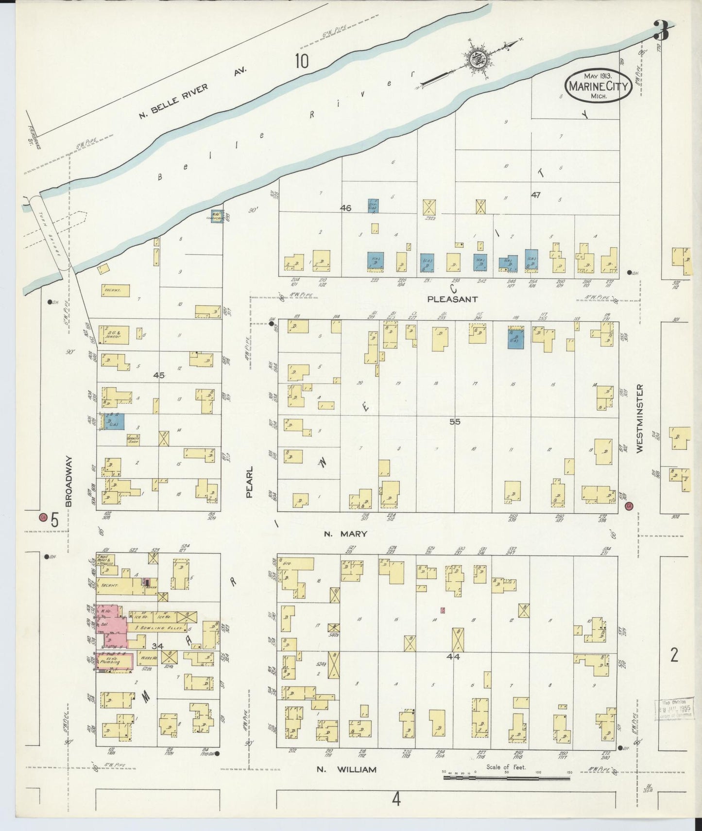 Sanborn Fire Insurance Map from Marine City, Saint Clair County, Michigan (1913), Sheet #0003 - Complete Map Set gallery image, historic Sanborn map, vintage wall art, Michigan Michigan