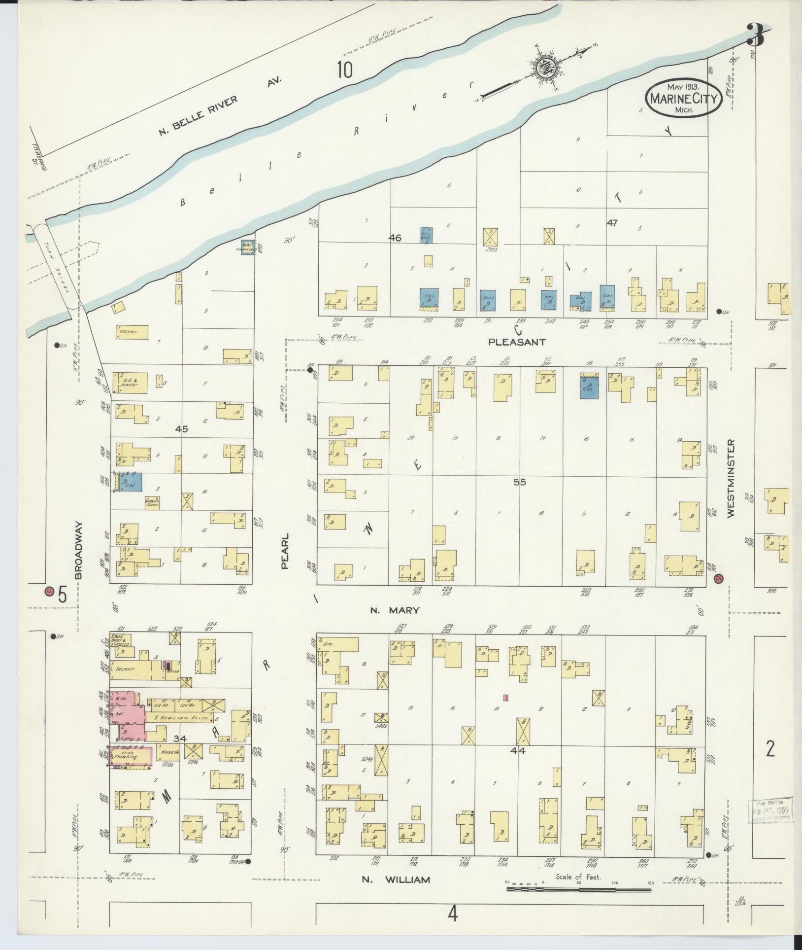 Sanborn Fire Insurance Map from Marine City, Saint Clair County, Michigan (1913), Sheet #0003 - Complete Map Set gallery image, historic Sanborn map, vintage wall art, Michigan Michigan