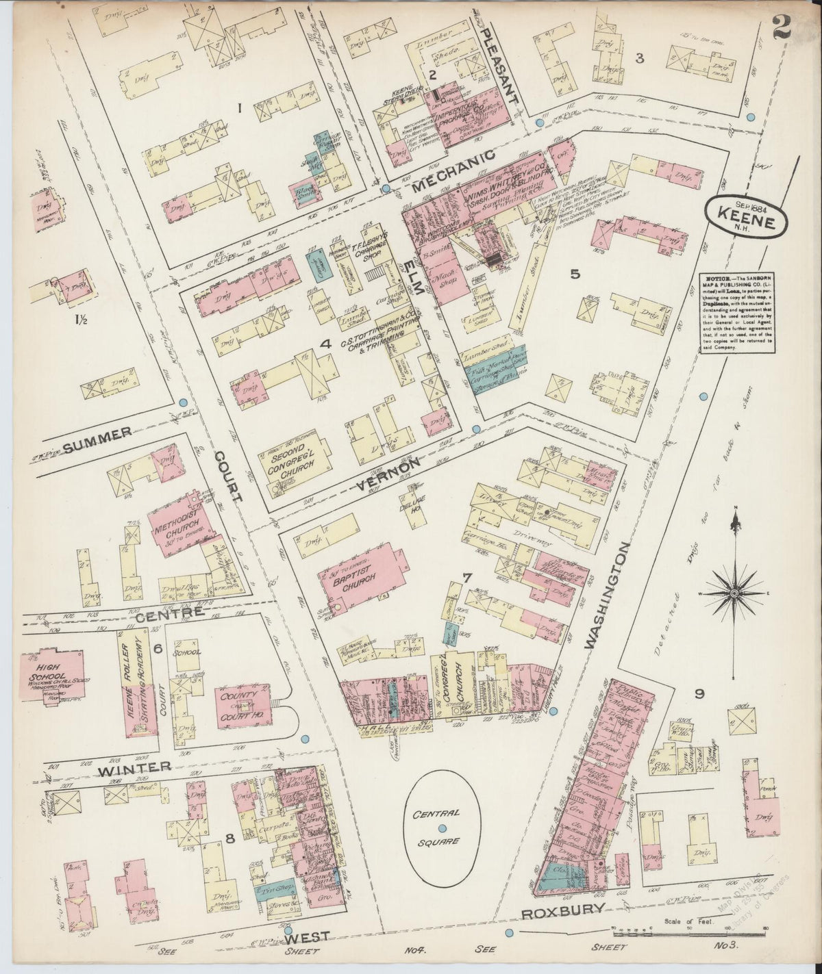 Sanborn Fire Insurance Map from Keene, Cheshire County, New Hampshire (1884), Sheet #0002 - Complete Map Set gallery image, historic Sanborn map, vintage wall art, New Hampshire New Hampshire