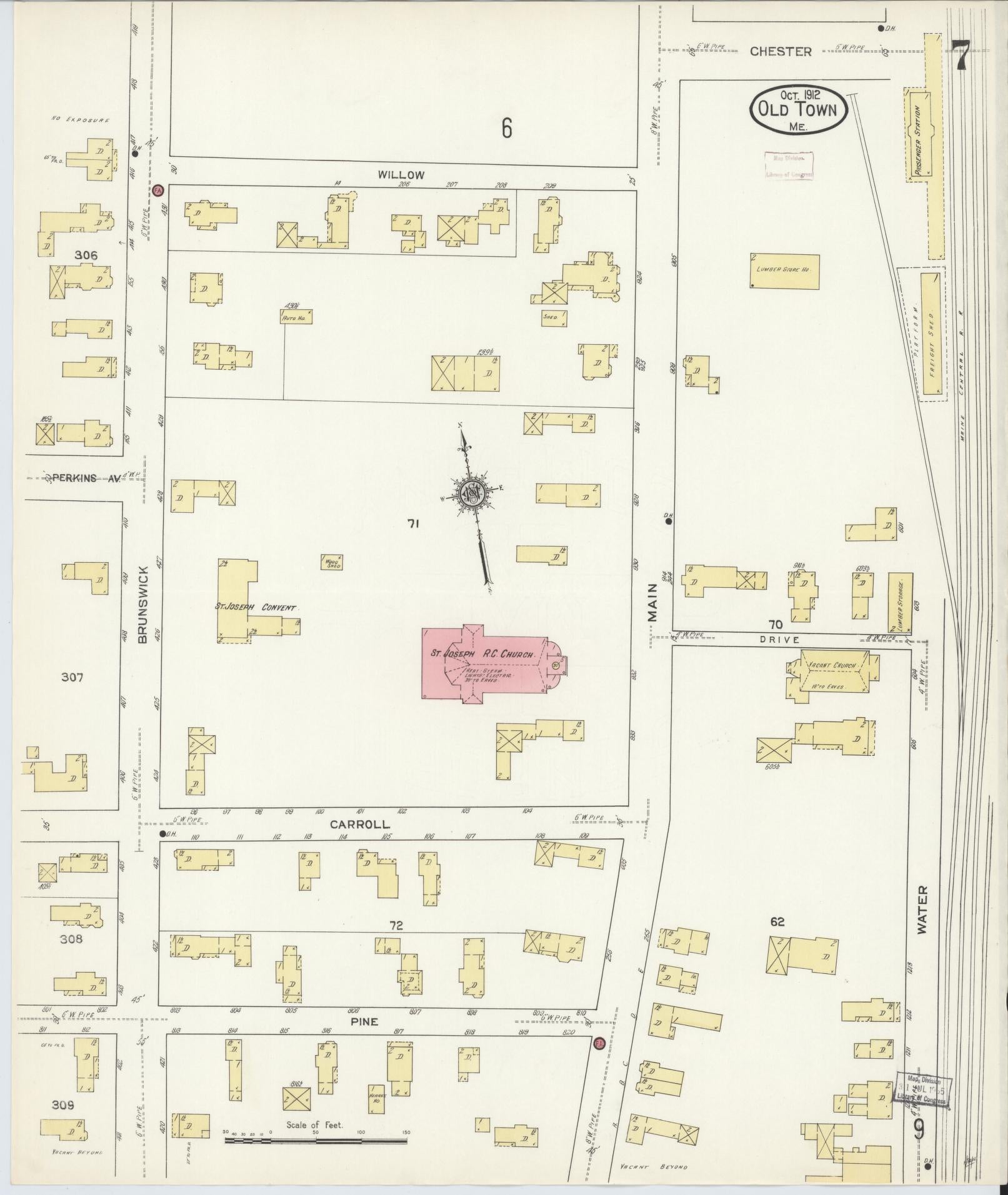 Sanborn Fire Insurance Map from Old Town, Penobscot County, Maine (1912), Sheet #0007 - Historic Sanborn Fire Insurance Map Print, vintage old map wall art, antique decor, genealogy gift, Maine Maine map