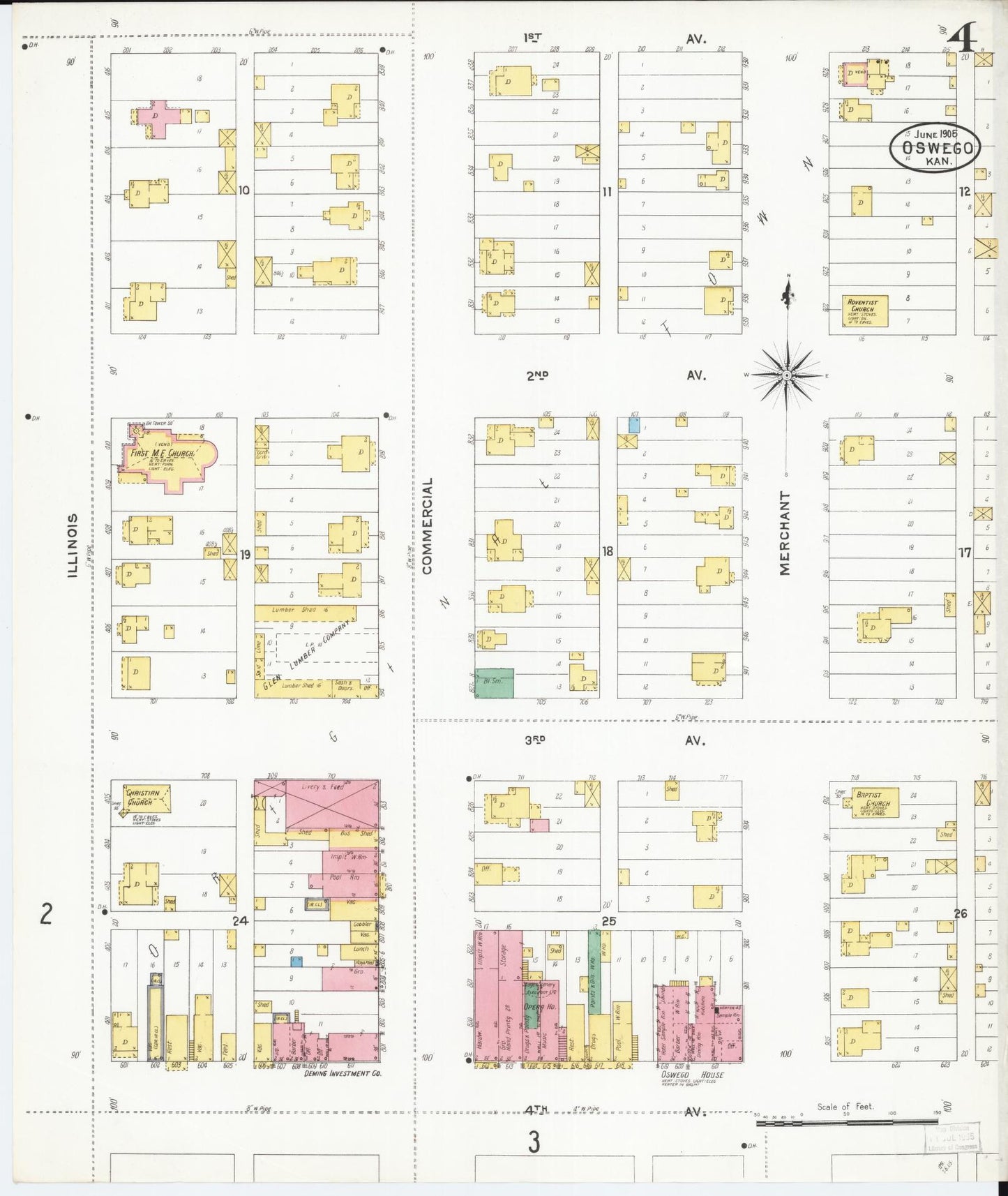 Sanborn Fire Insurance Map from Oswego, Labette County, Kansas (1905), Sheet #0004 - Historic Sanborn Fire Insurance Map Print, vintage old map wall art, antique decor, genealogy gift, Kansas Kansas map
