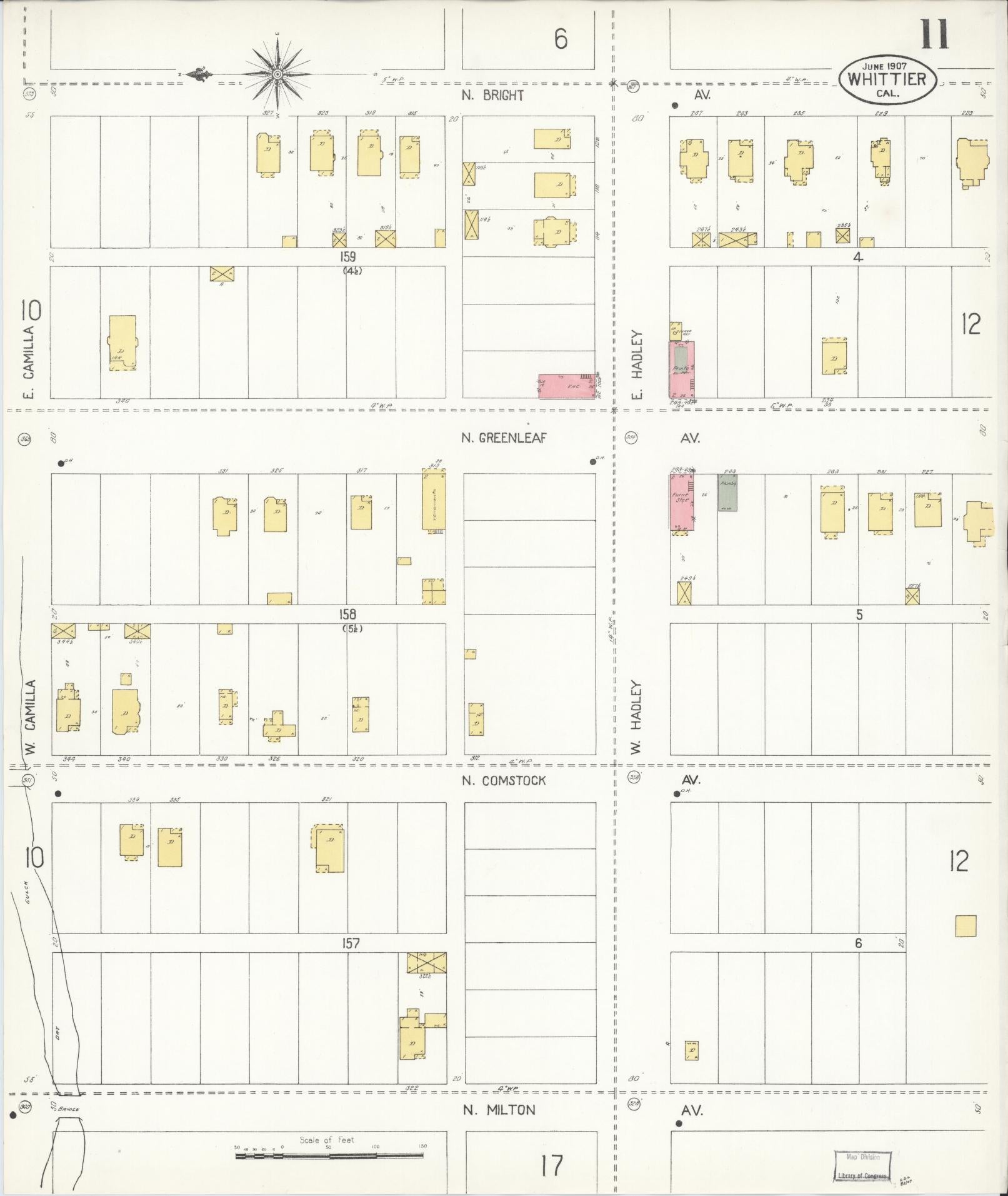 Sanborn Fire Insurance Map from Whittier, Los Angeles County, California (1907), Sheet #0011 - Complete Map Set gallery image, historic Sanborn map, vintage wall art, California California