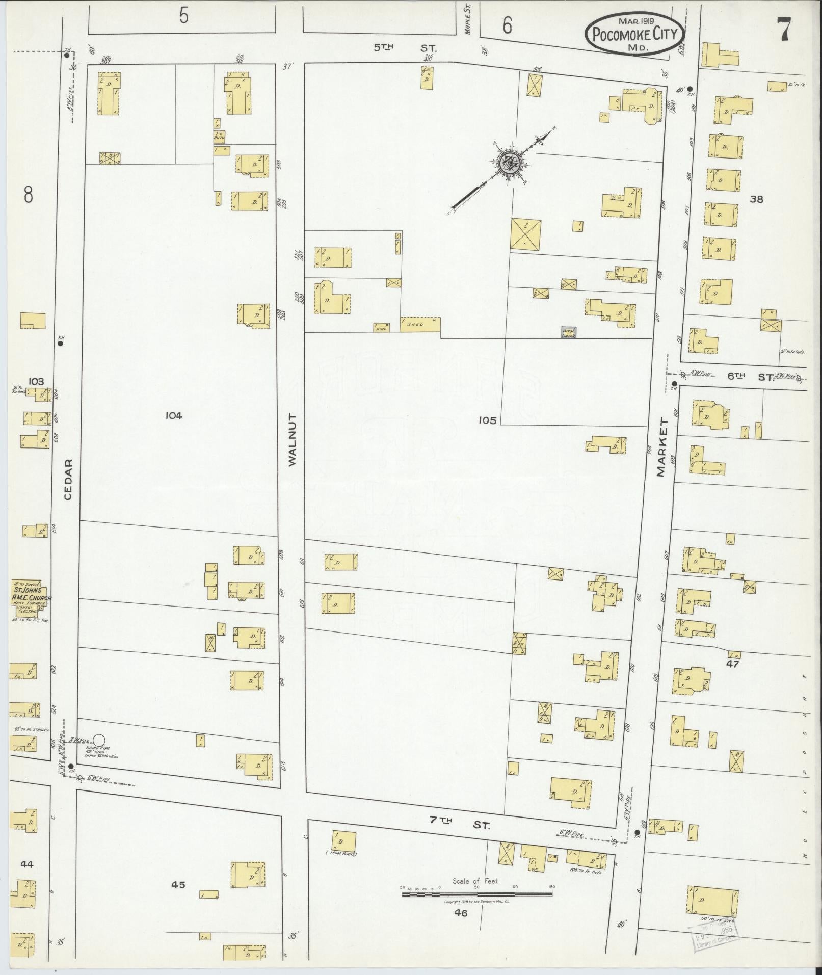 Sanborn Fire Insurance Map from Pocomoke City, Worcester County, Maryland (1919), Sheet #0007 - Historic Sanborn Fire Insurance Map Print, vintage old map wall art
