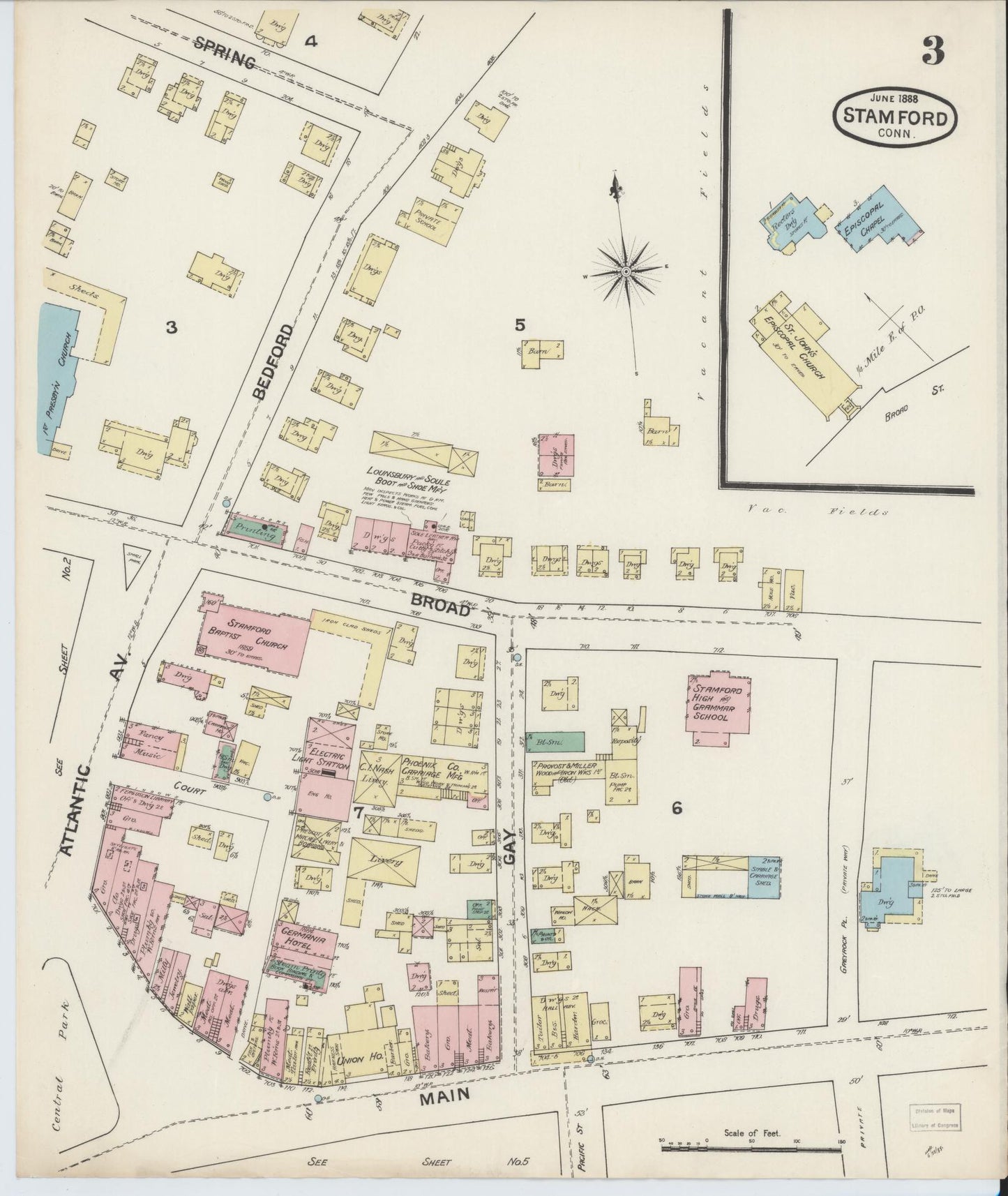 Sanborn Fire Insurance Map from Stamford, Fairfield County, Connecticut (1888), Sheet #0003 - Complete Map Set gallery image, historic Sanborn map, vintage wall art, Connecticut Connecticut
