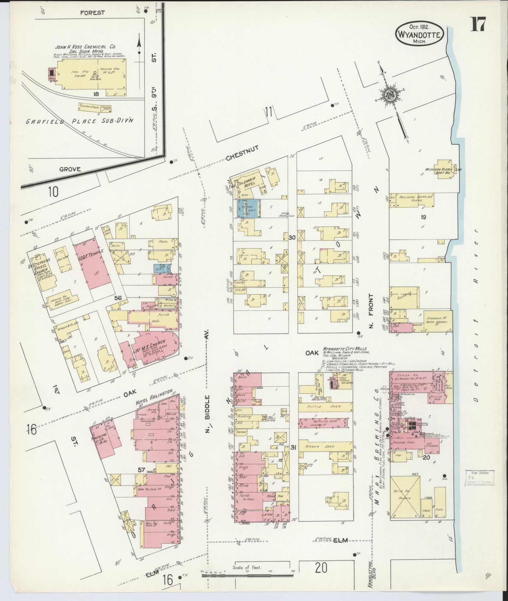 Sanborn Fire Insurance Map from Wyandotte, Wayne County, Michigan (1912), Sheet #0017 - Historic Sanborn Fire Insurance Map Print, vintage old map wall art, antique decor, genealogy gift, Michigan Michigan map