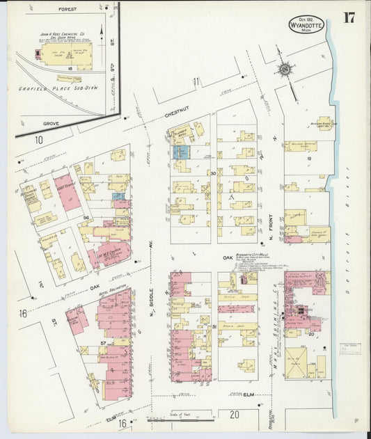 Sanborn Fire Insurance Map from Wyandotte, Wayne County, Michigan (1912), Sheet #0017 - Historic Sanborn Fire Insurance Map Print, vintage old map wall art, antique decor, genealogy gift, Michigan Michigan map